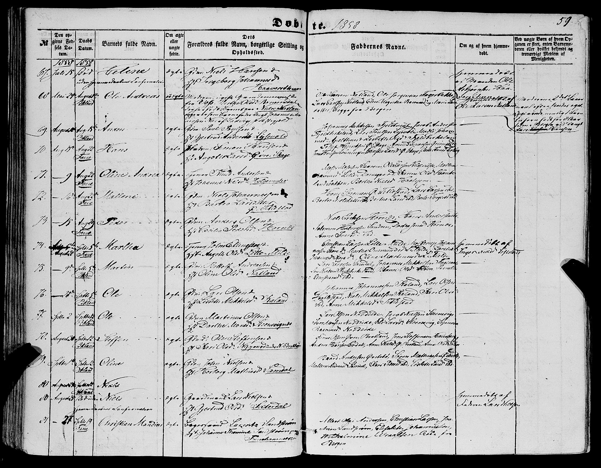 Fana Sokneprestembete, AV/SAB-A-75101/H/Haa/Haaa/L0011: Parish register (official) no. A 11, 1851-1862, p. 59