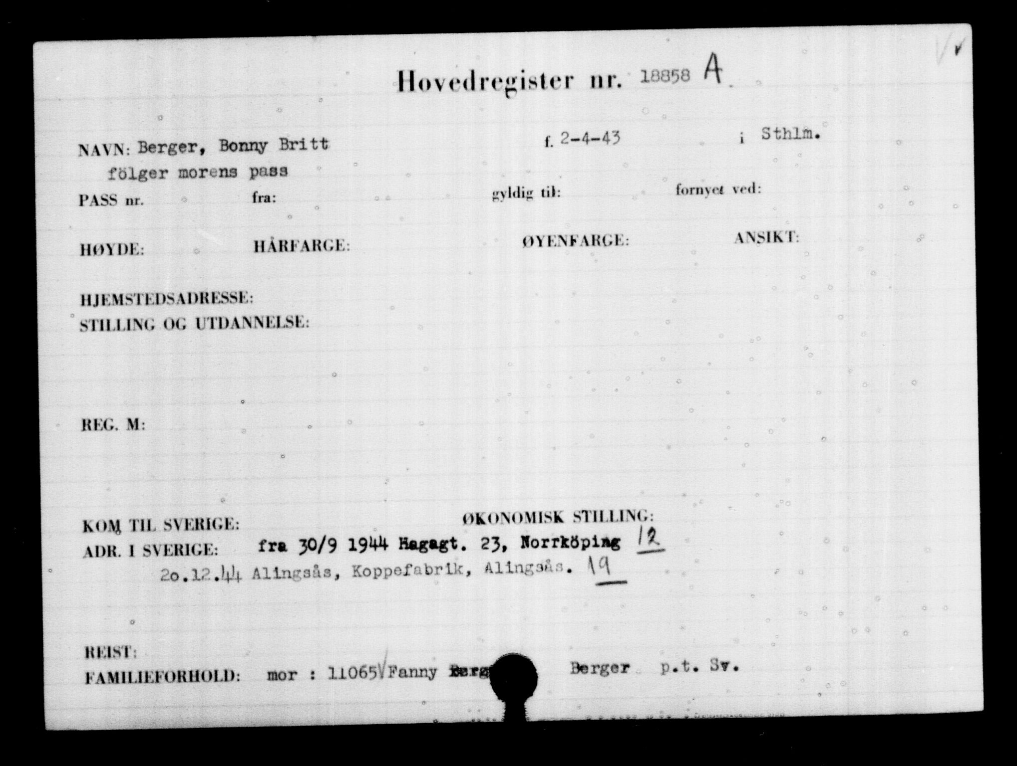 Utenriksstasjonene, Legasjonen i Stockholm, Flyktningkontoret, AV/RA-S-6753/V/Va/L0009: Kjesäterkartoteket, flyktninger med registreringsnr. 18502-22048, 1940-1945, p. 425