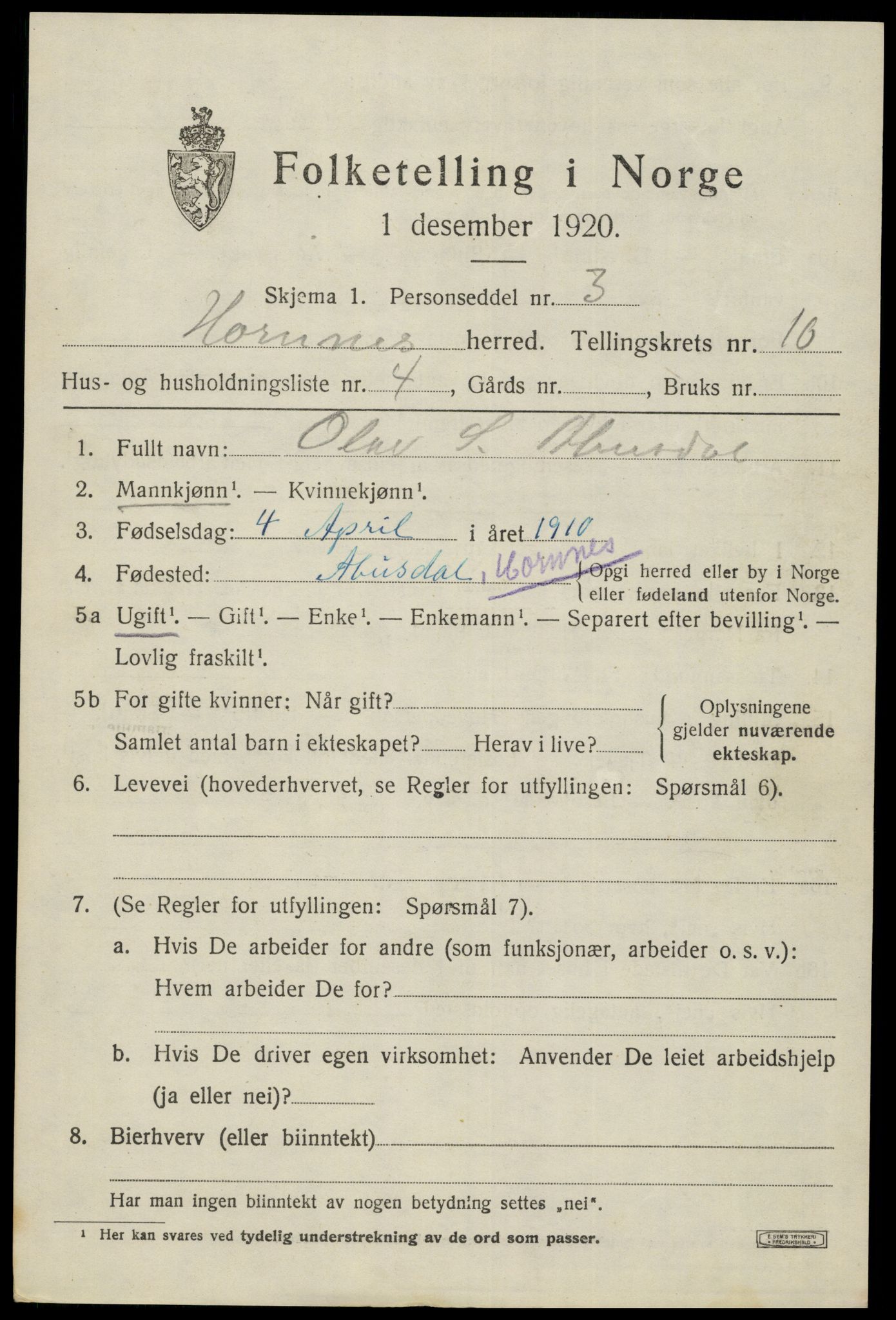 SAK, 1920 census for Hornnes, 1920, p. 2537