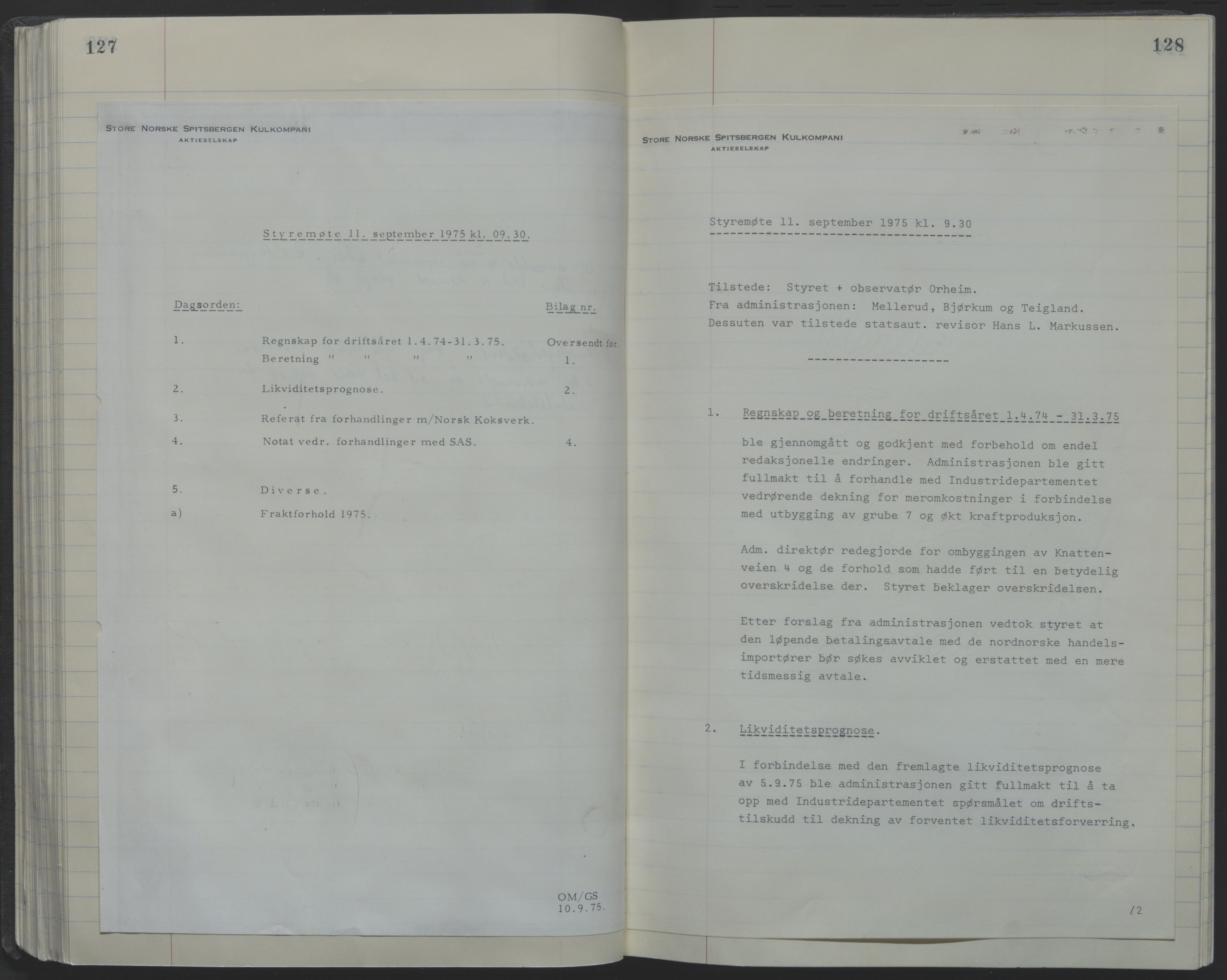 Store Norske Spitsbergen Kulkompani A/S, AV/SATØ-P-0073/09/A/Ab/Aba/L0001: Styreprotokoll 6, 1970-1979, p. 127-128