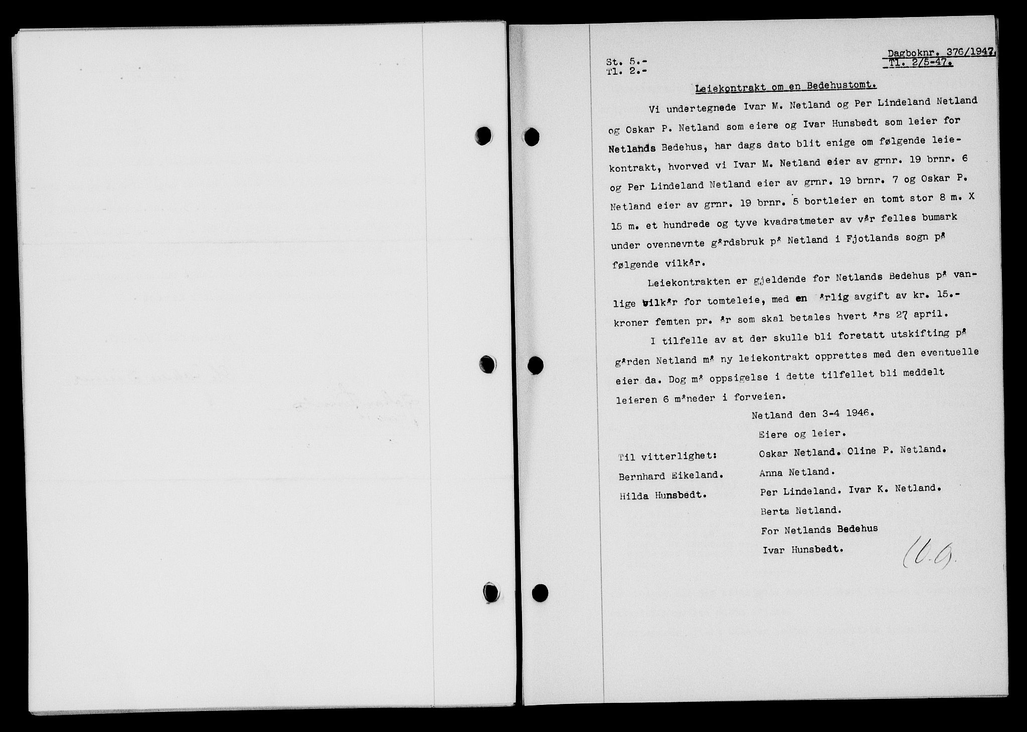 Flekkefjord sorenskriveri, SAK/1221-0001/G/Gb/Gba/L0062: Mortgage book no. A-10, 1947-1947, Diary no: : 376/1947