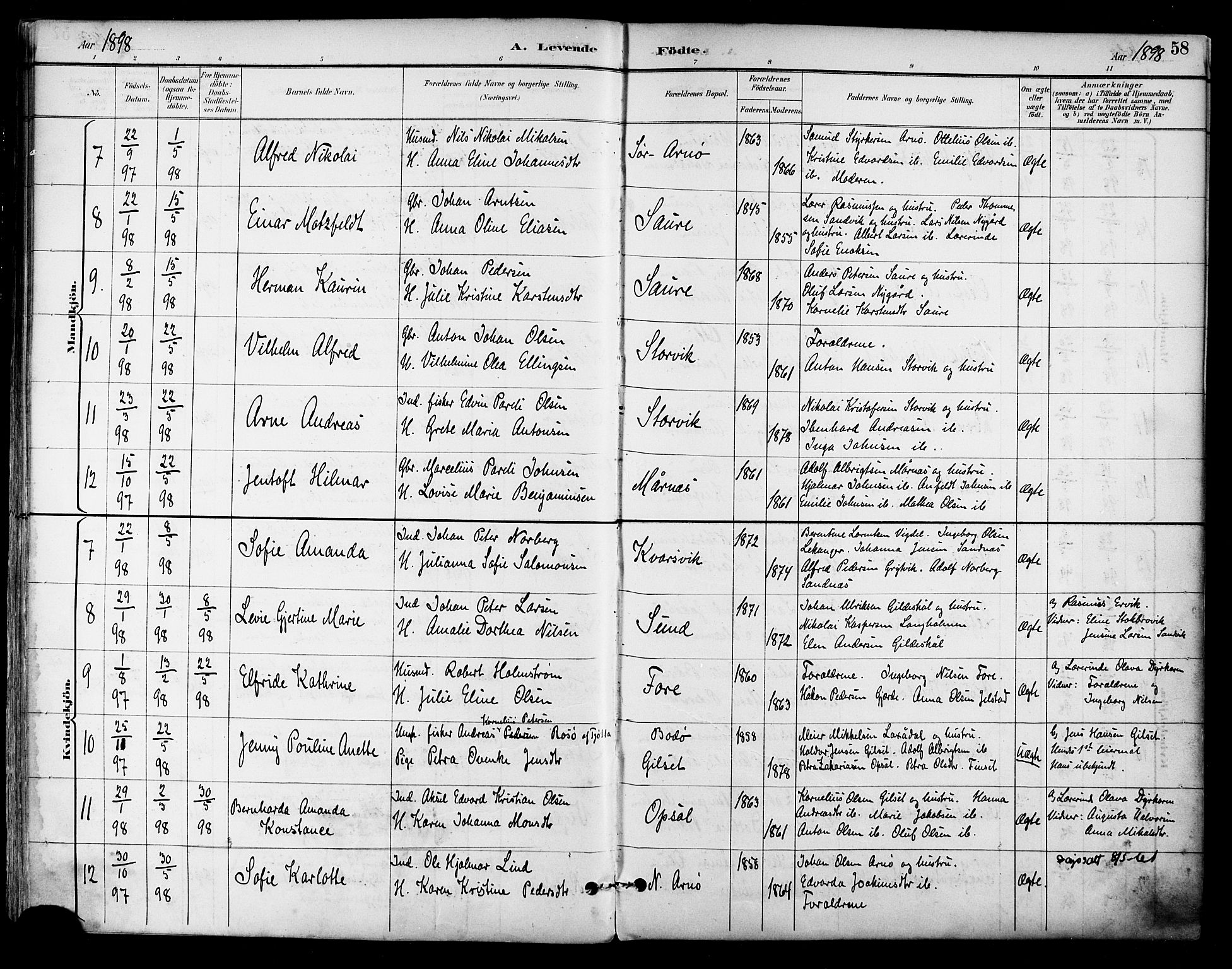 Ministerialprotokoller, klokkerbøker og fødselsregistre - Nordland, AV/SAT-A-1459/805/L0101: Parish register (official) no. 805A07, 1892-1899, p. 58