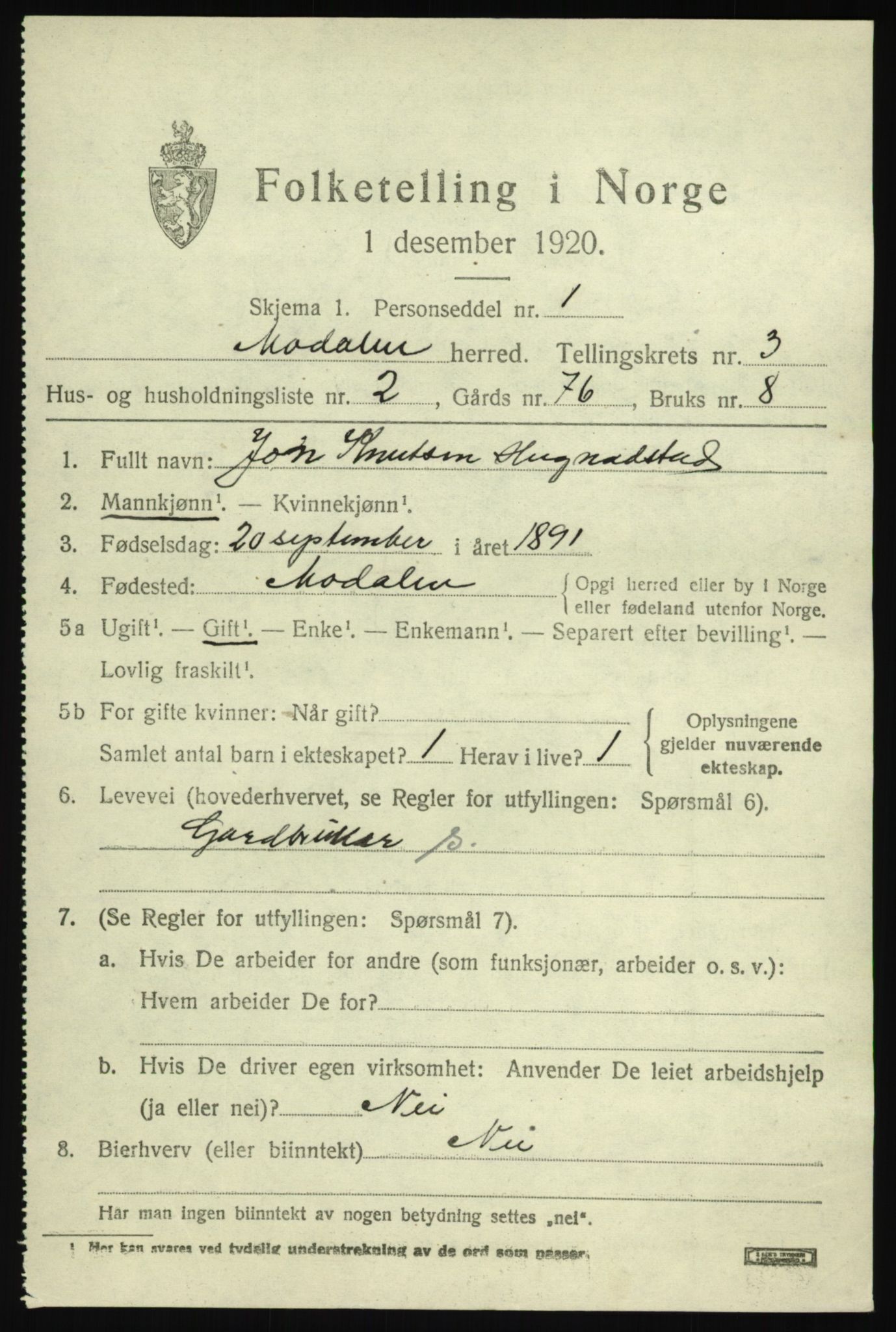 SAB, 1920 census for Modalen, 1920, p. 536