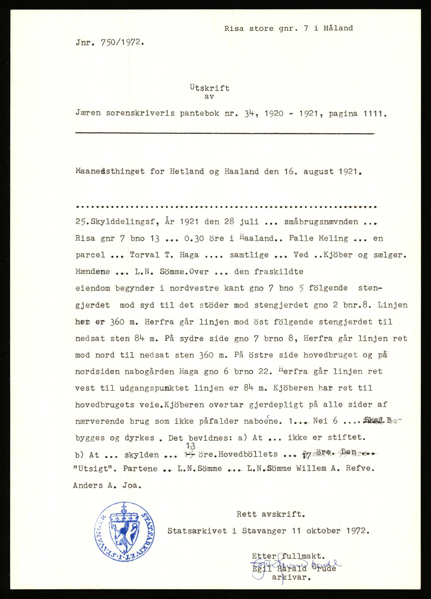 Statsarkivet i Stavanger, AV/SAST-A-101971/03/Y/Yj/L0068: Avskrifter sortert etter gårdsnavn: Refsnes - Risjell, 1750-1930, p. 647