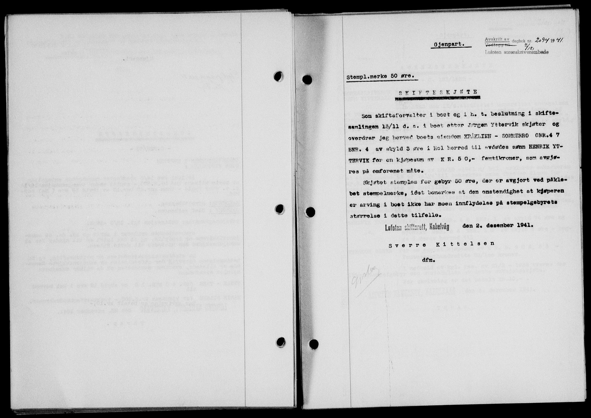 Lofoten sorenskriveri, SAT/A-0017/1/2/2C/L0009a: Mortgage book no. 9a, 1941-1942, Diary no: : 2094/1941
