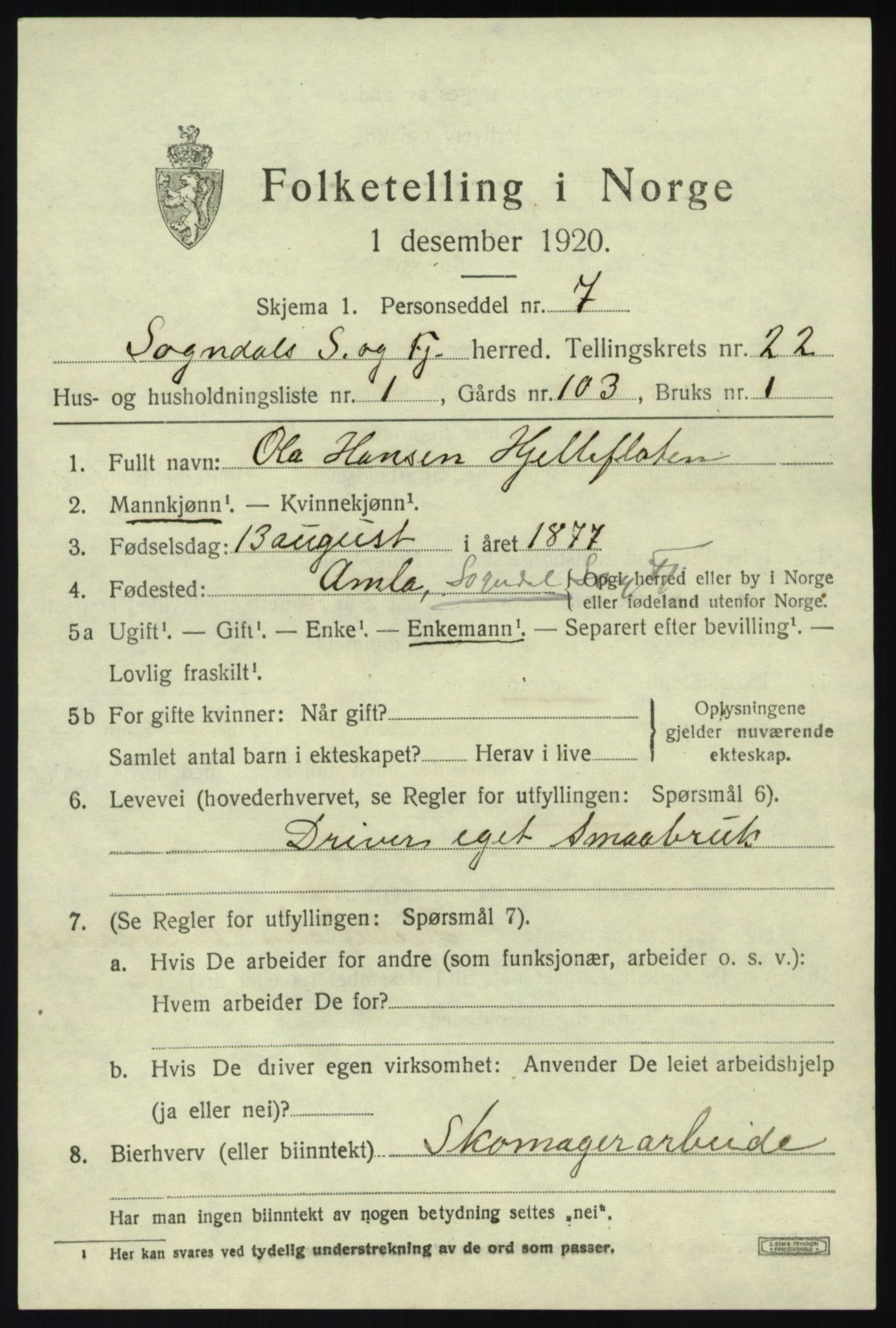 SAB, 1920 census for Sogndal, 1920, p. 7957