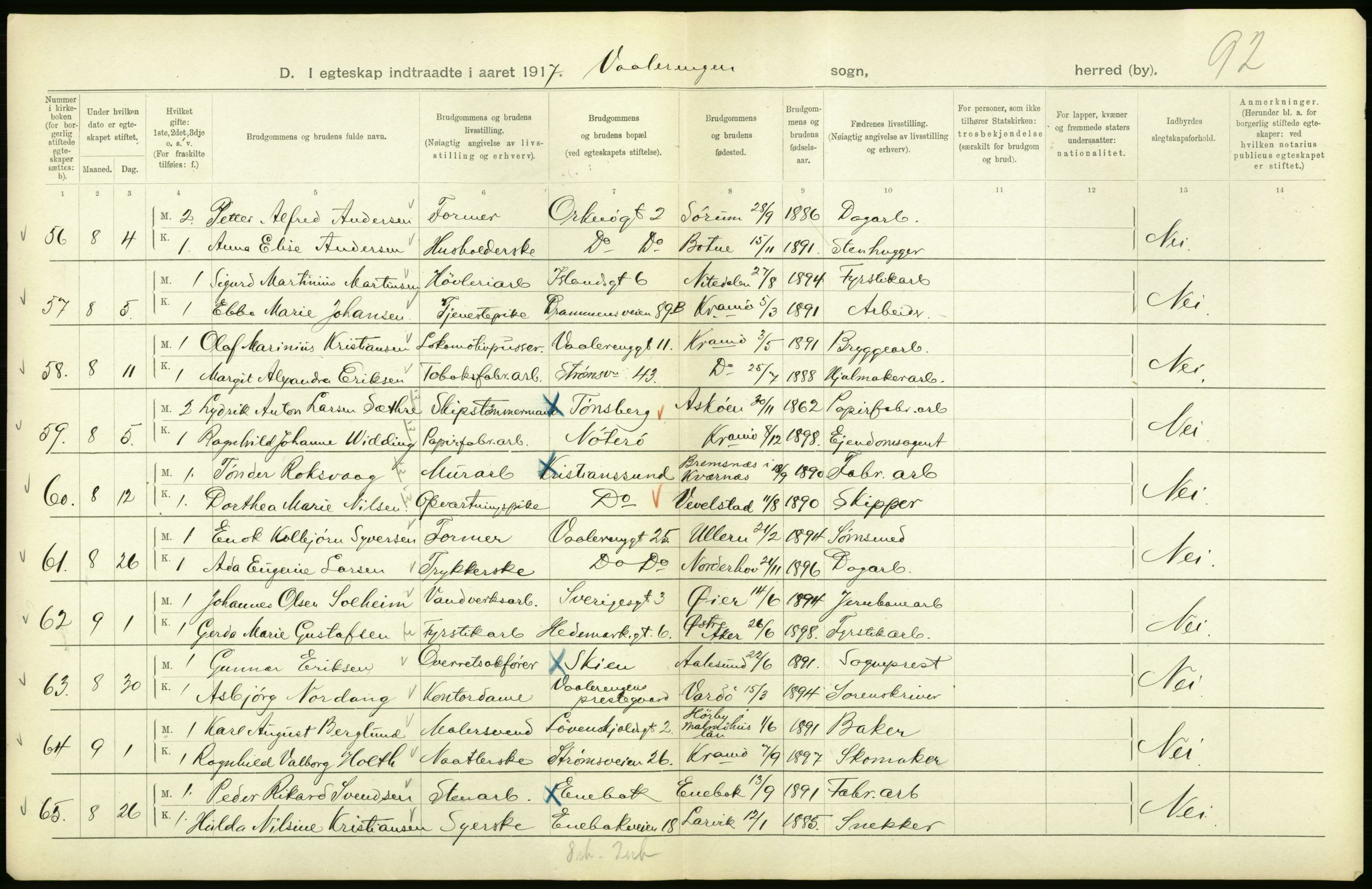 Statistisk sentralbyrå, Sosiodemografiske emner, Befolkning, AV/RA-S-2228/D/Df/Dfb/Dfbg/L0009: Kristiania: Gifte, 1917, p. 88