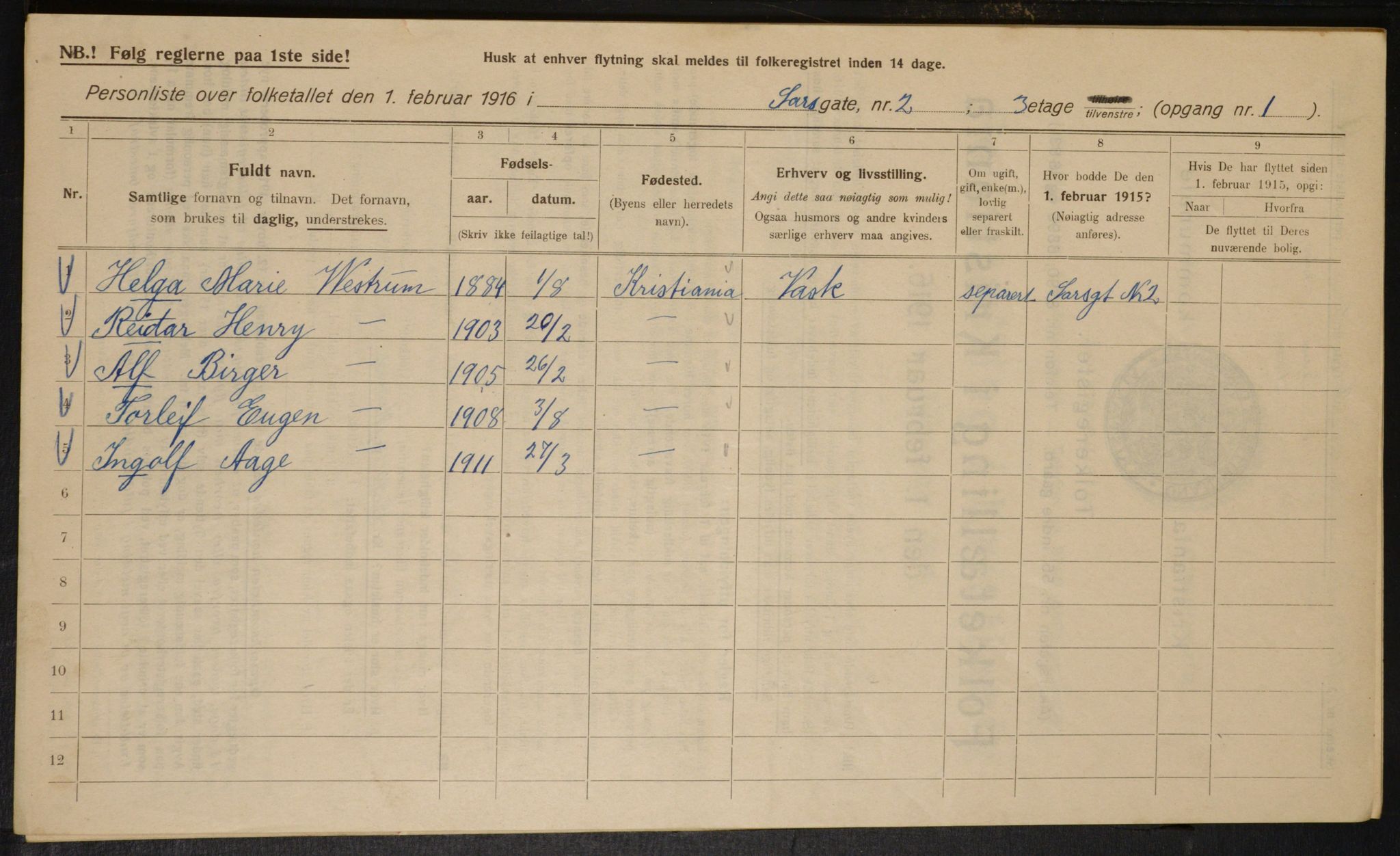 OBA, Municipal Census 1916 for Kristiania, 1916, p. 91424