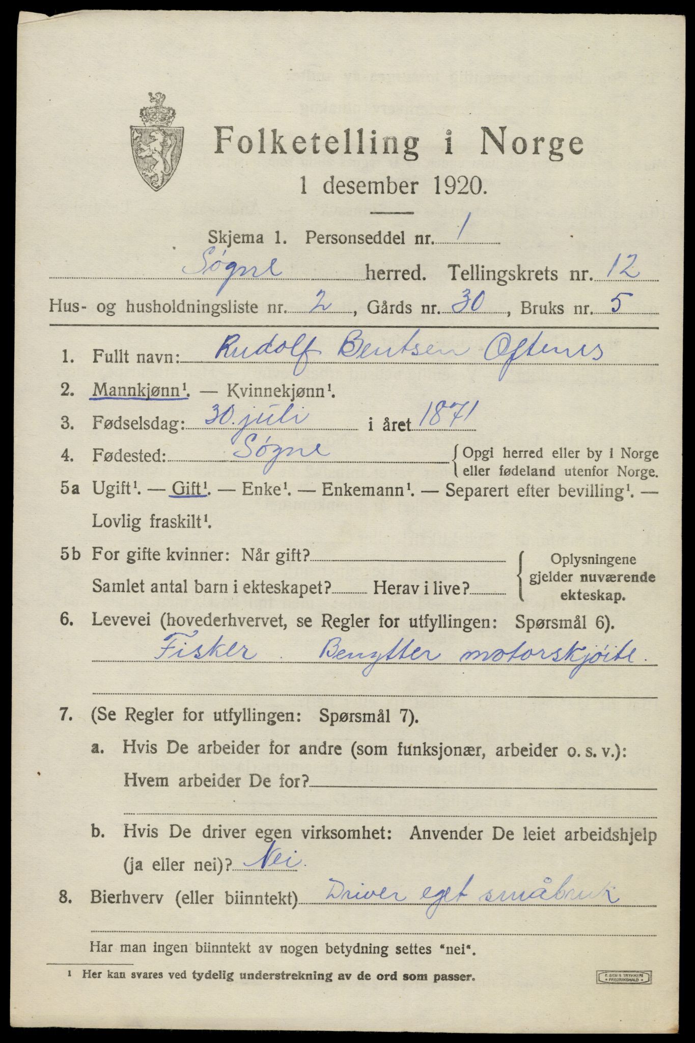 SAK, 1920 census for Søgne, 1920, p. 5931