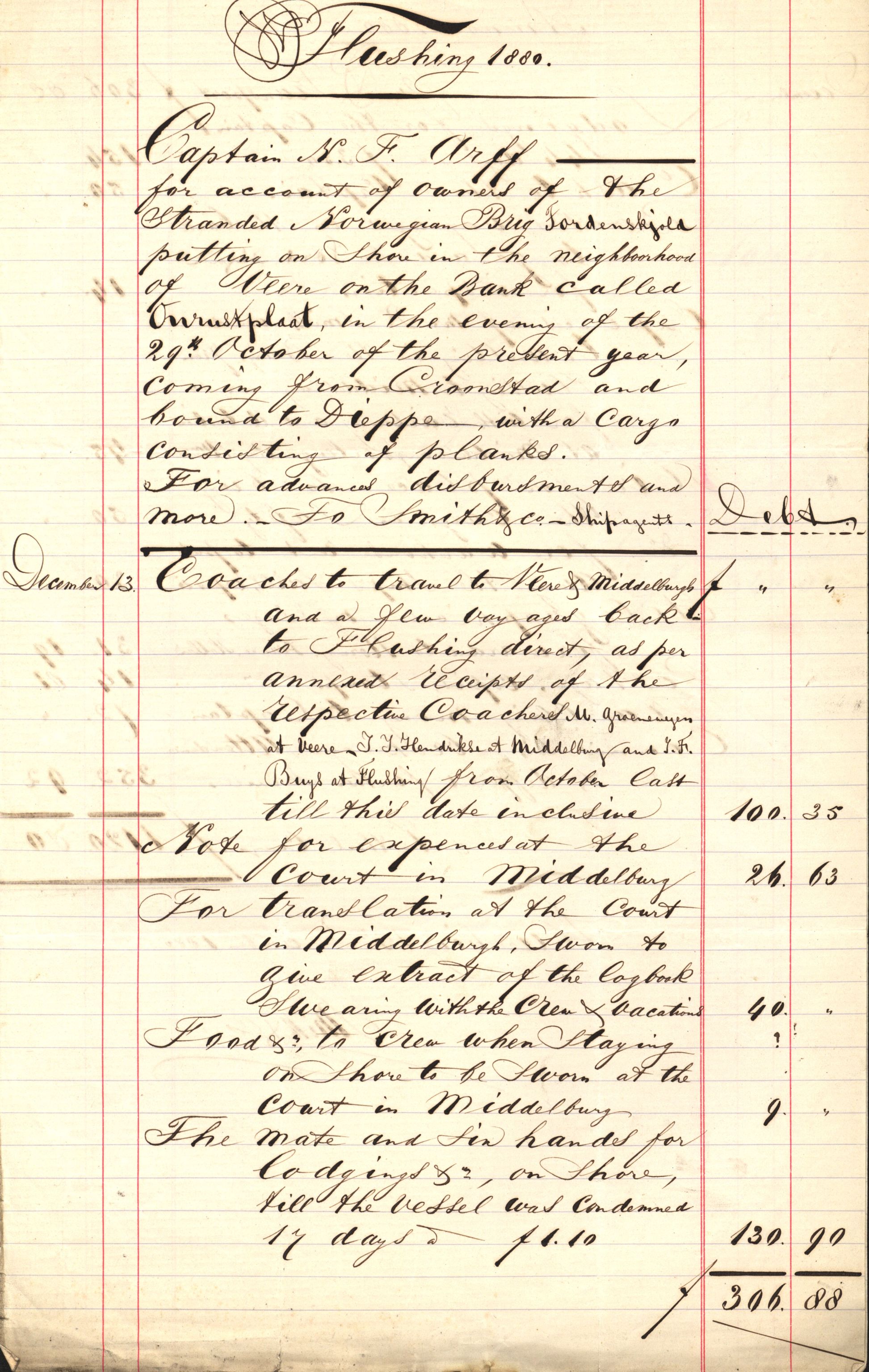 Pa 63 - Østlandske skibsassuranceforening, VEMU/A-1079/G/Ga/L0012/0005: Havaridokumenter / Tordenskjold af Bergen, 1880