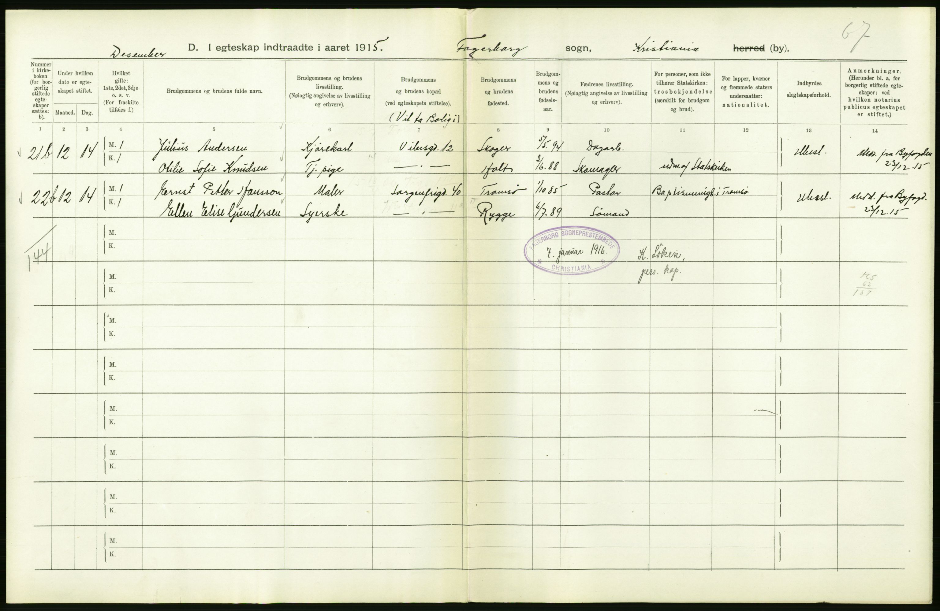 Statistisk sentralbyrå, Sosiodemografiske emner, Befolkning, RA/S-2228/D/Df/Dfb/Dfbe/L0008: Kristiania: Gifte., 1915, p. 288