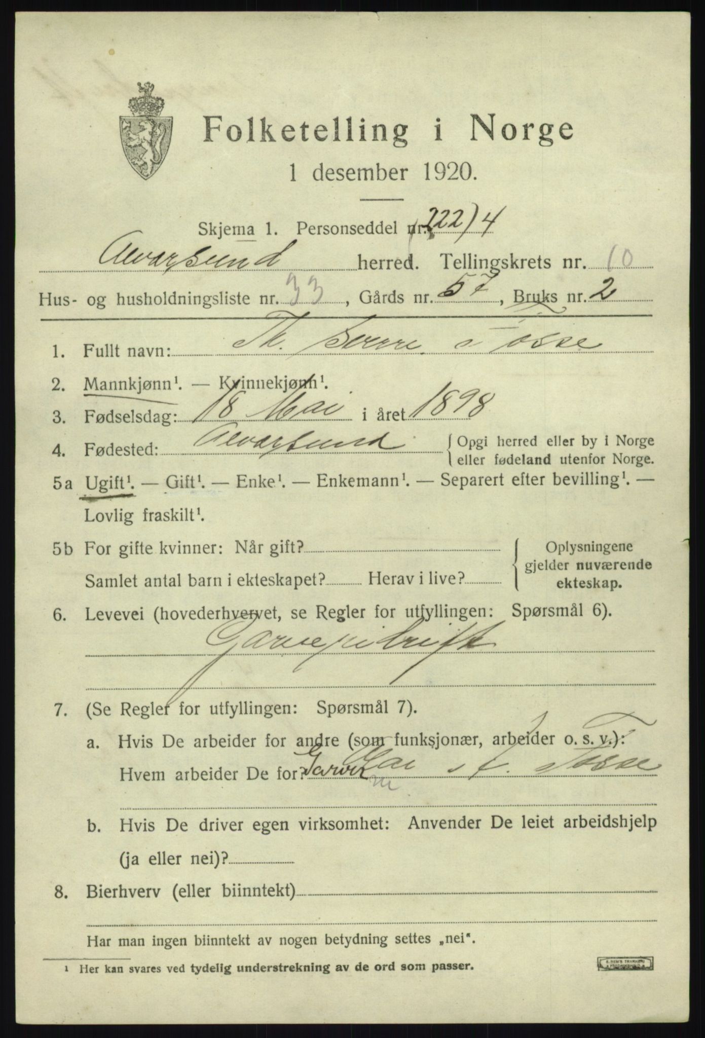 SAB, 1920 census for Alversund, 1920, p. 6676
