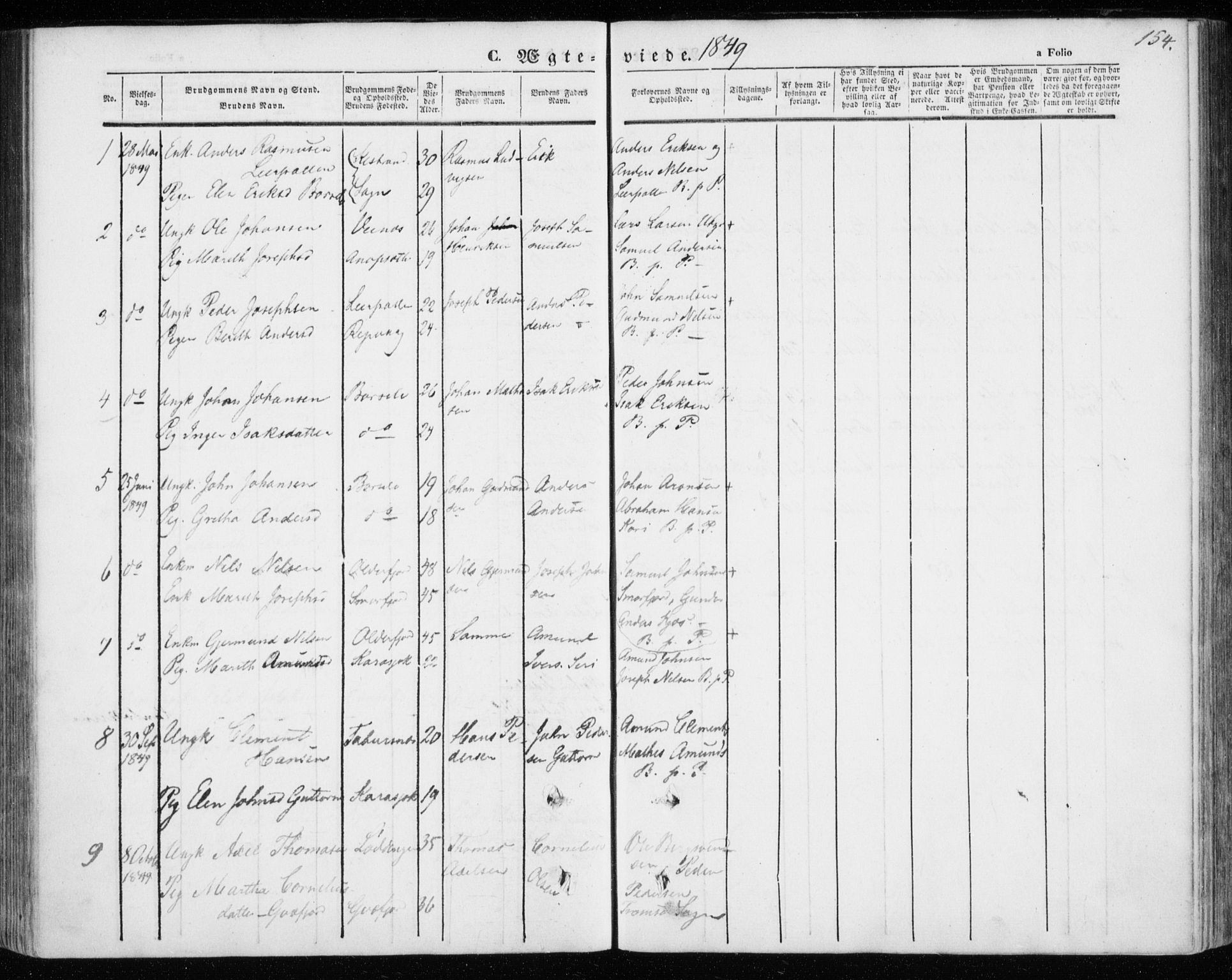 Kistrand/Porsanger sokneprestembete, AV/SATØ-S-1351/H/Ha/L0004.kirke: Parish register (official) no. 4, 1843-1860, p. 154