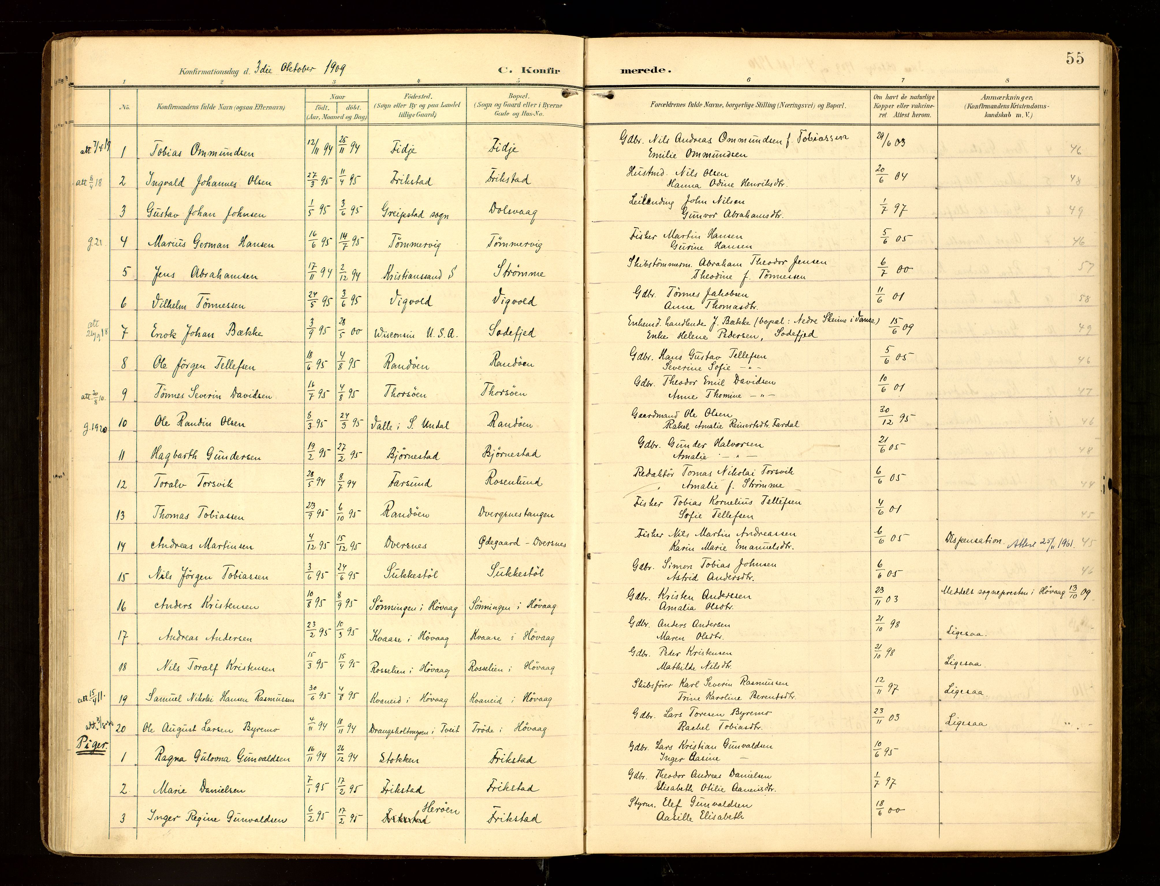 Oddernes sokneprestkontor, AV/SAK-1111-0033/F/Fa/Fab/L0003: Parish register (official) no. A 3, 1903-1916, p. 55