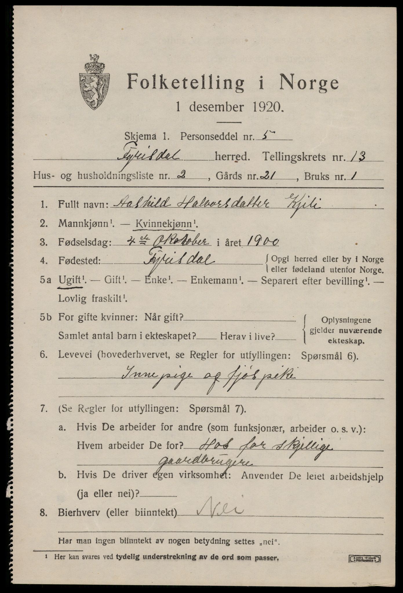 SAKO, 1920 census for Fyresdal, 1920, p. 4281