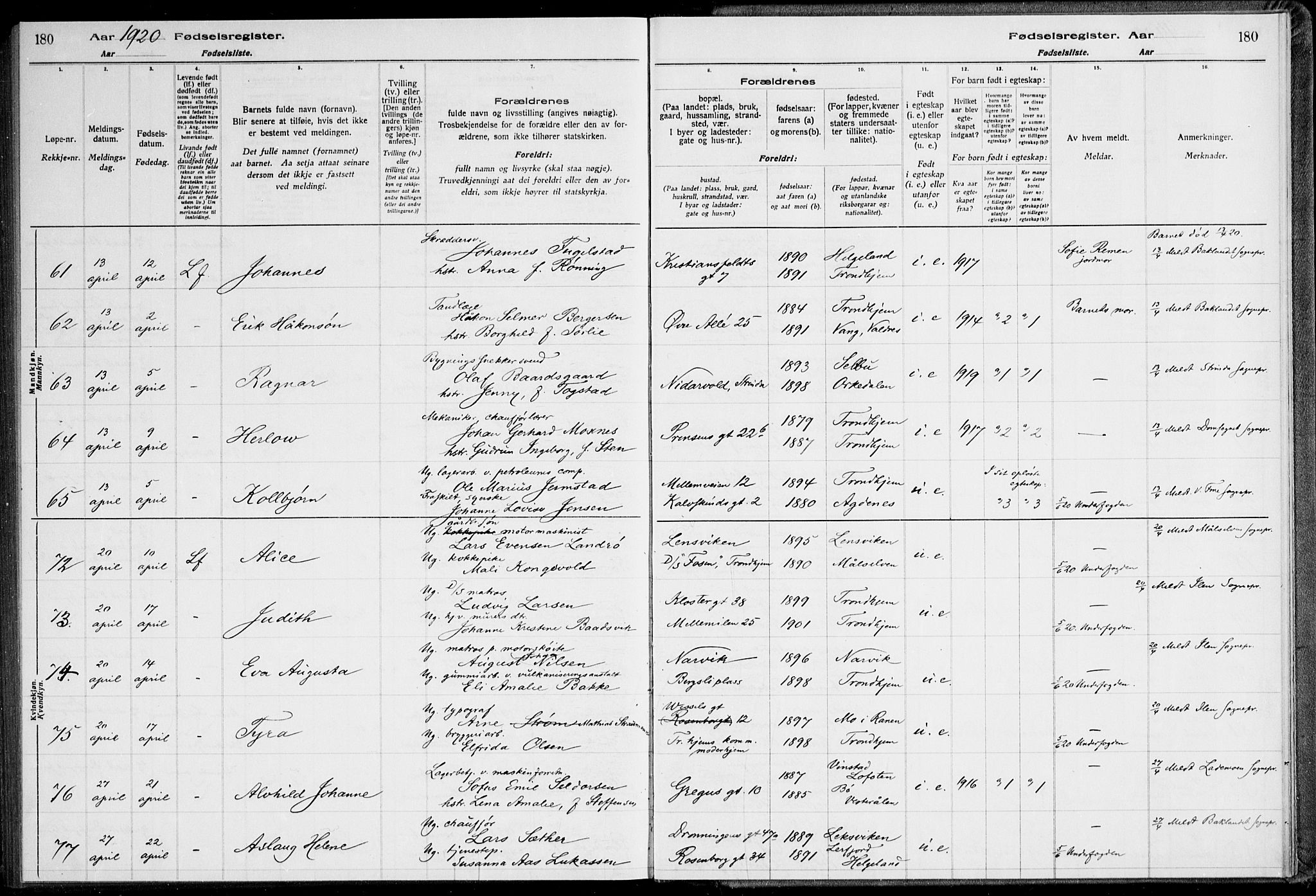 Ministerialprotokoller, klokkerbøker og fødselsregistre - Sør-Trøndelag, SAT/A-1456/600/L0002: Birth register no. 600.II.4.1, 1916-1920, p. 180