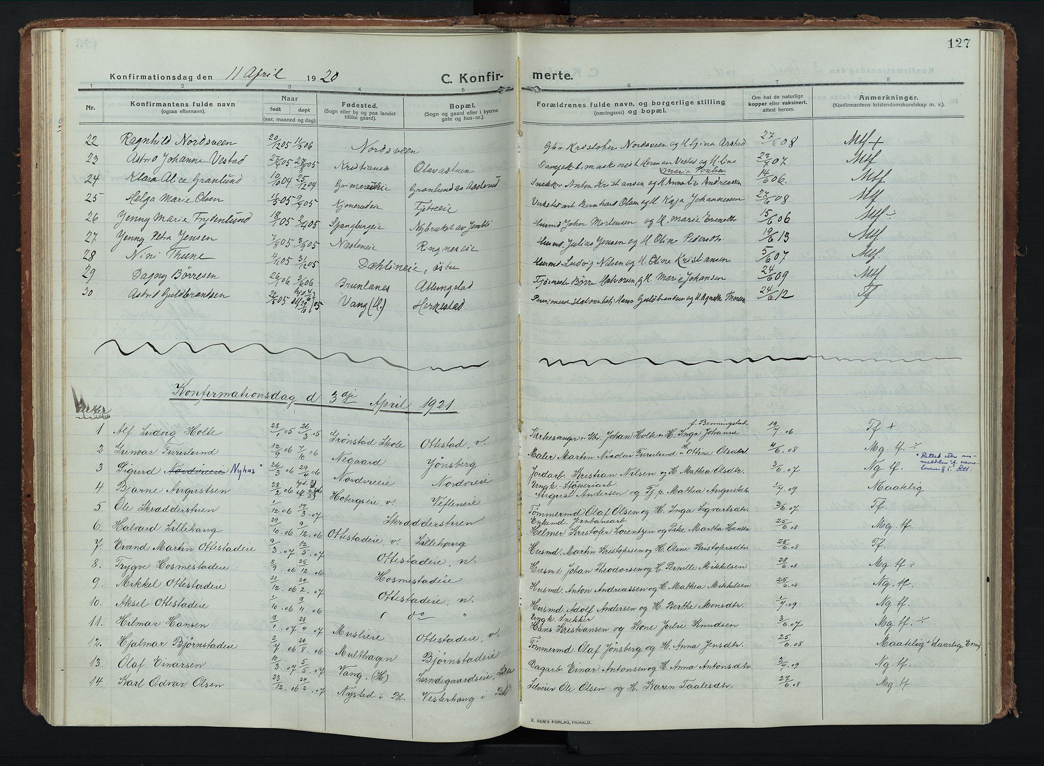 Stange prestekontor, AV/SAH-PREST-002/K/L0028: Parish register (official) no. 28, 1913-1932, p. 127