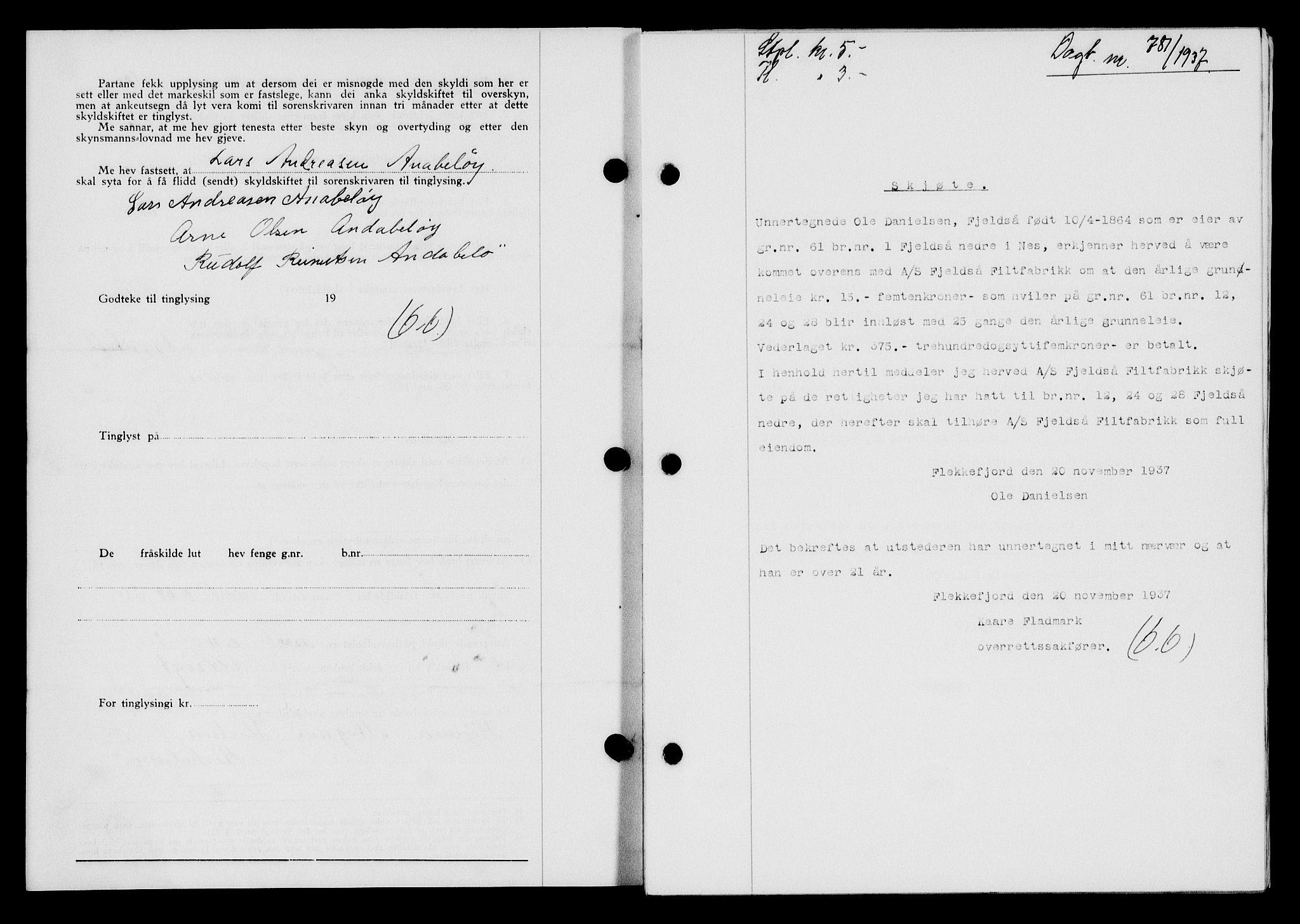 Flekkefjord sorenskriveri, SAK/1221-0001/G/Gb/Gba/L0054: Mortgage book no. A-2, 1937-1938, Diary no: : 781/1937