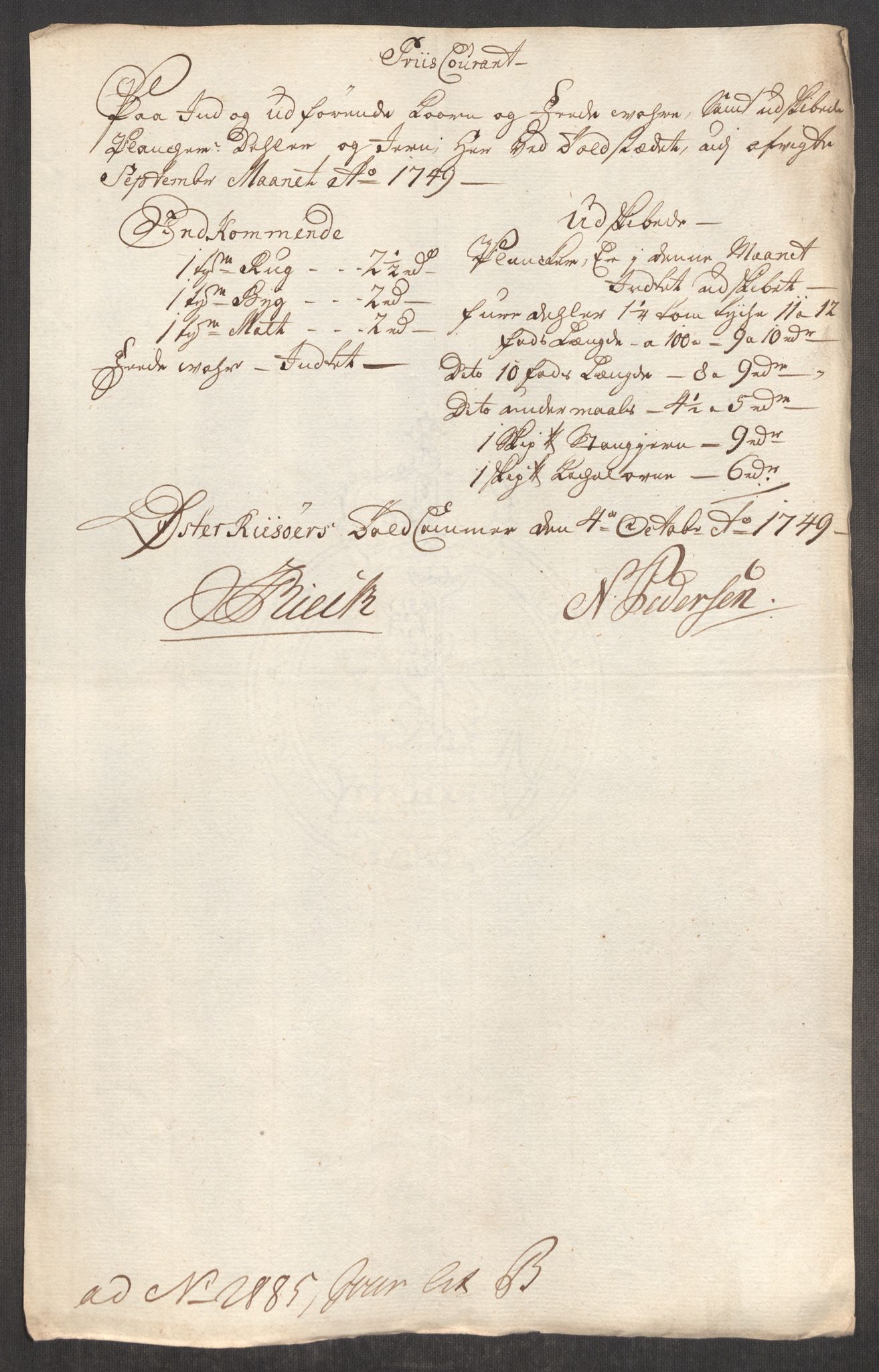 Rentekammeret inntil 1814, Realistisk ordnet avdeling, RA/EA-4070/Oe/L0004: [Ø1]: Priskuranter, 1749-1752, p. 139