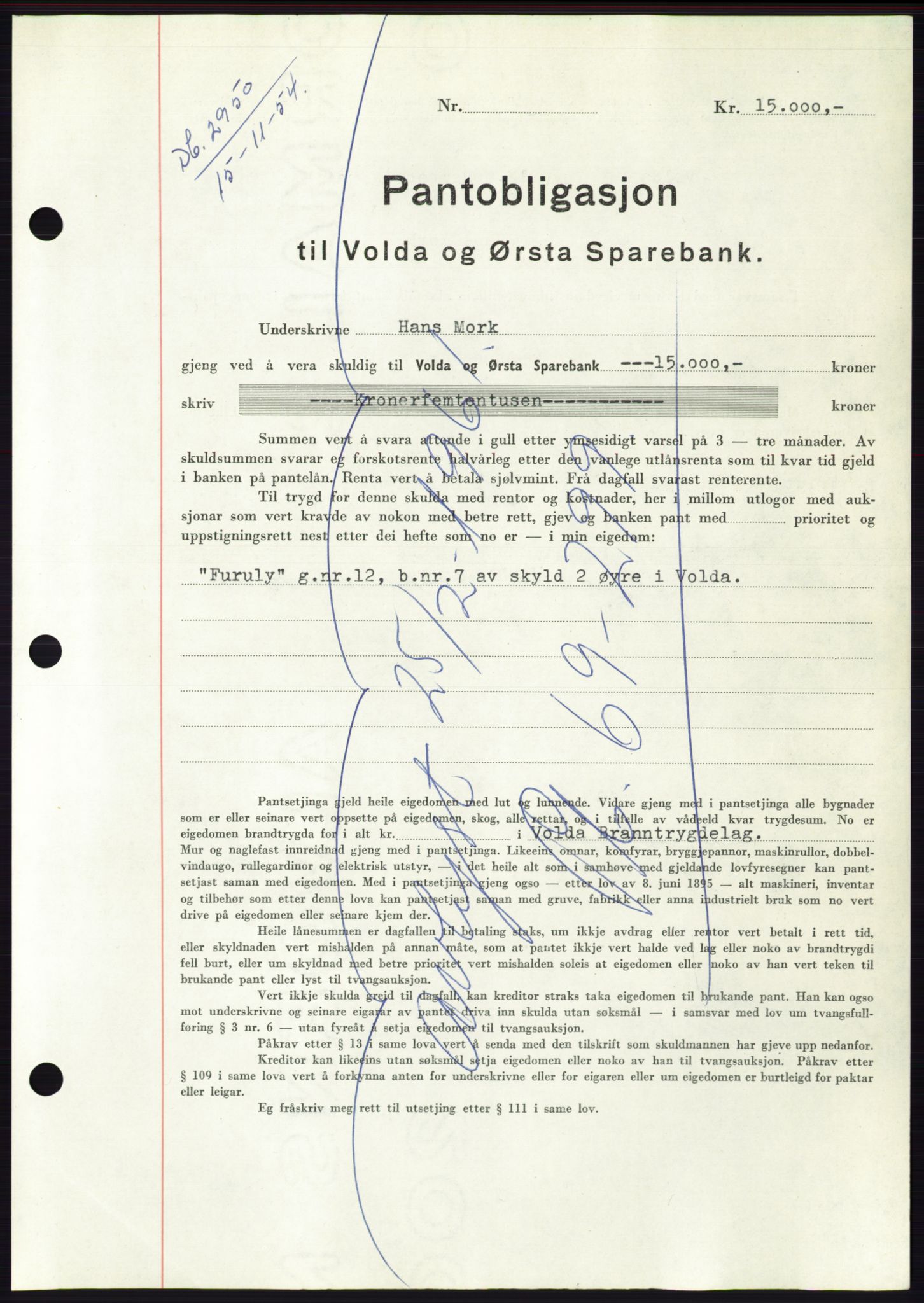 Søre Sunnmøre sorenskriveri, AV/SAT-A-4122/1/2/2C/L0126: Mortgage book no. 14B, 1954-1955, Diary no: : 2950/1954