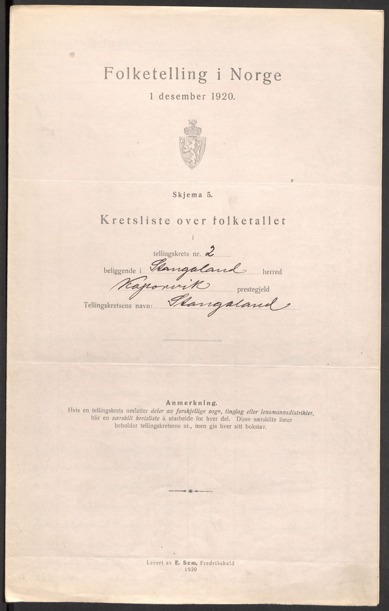 SAST, 1920 census for Stangaland, 1920, p. 12