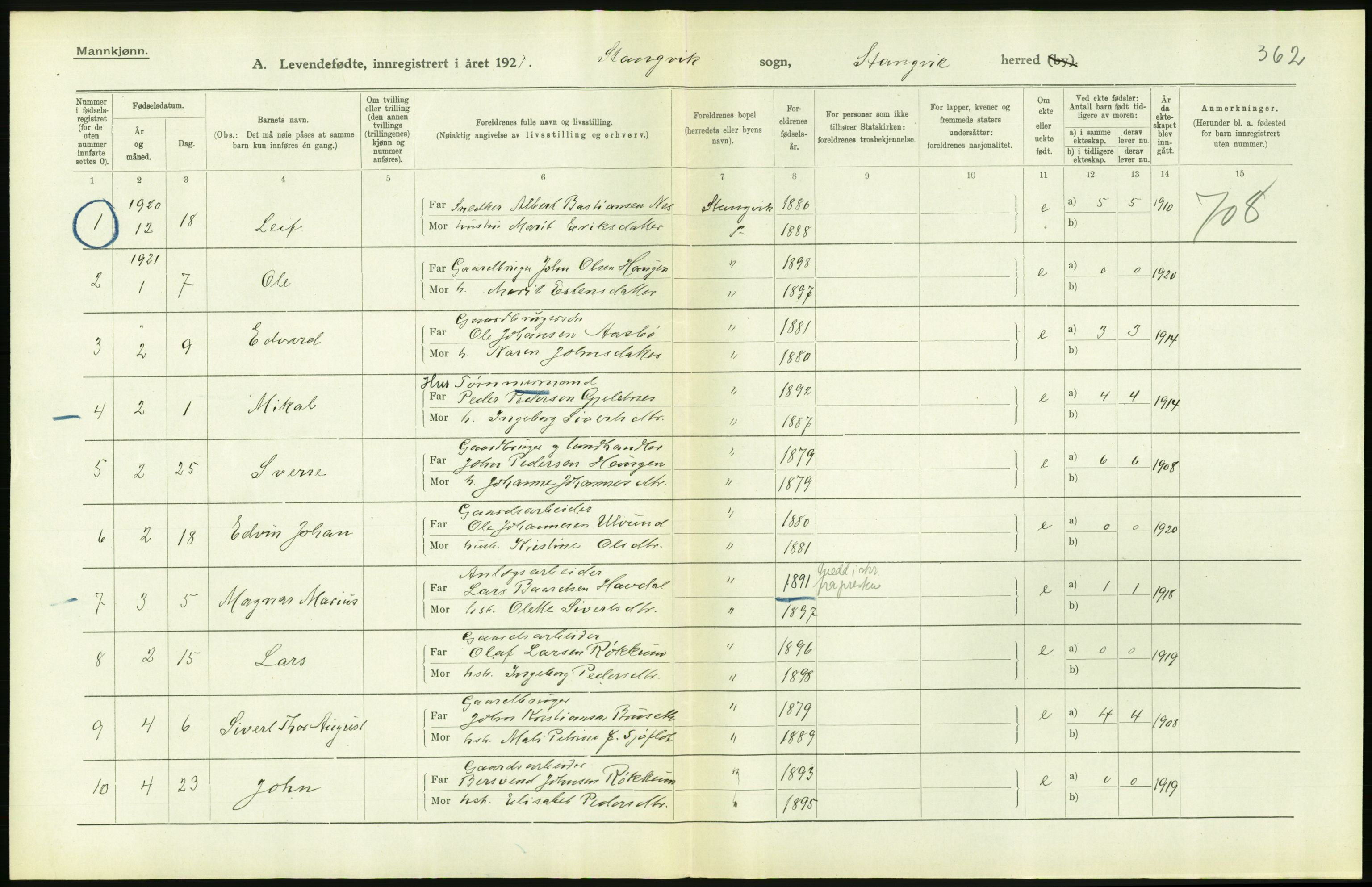 Statistisk sentralbyrå, Sosiodemografiske emner, Befolkning, RA/S-2228/D/Df/Dfc/Dfca/L0040: Møre fylke: Levendefødte menn og kvinner. Bygder., 1921, p. 588