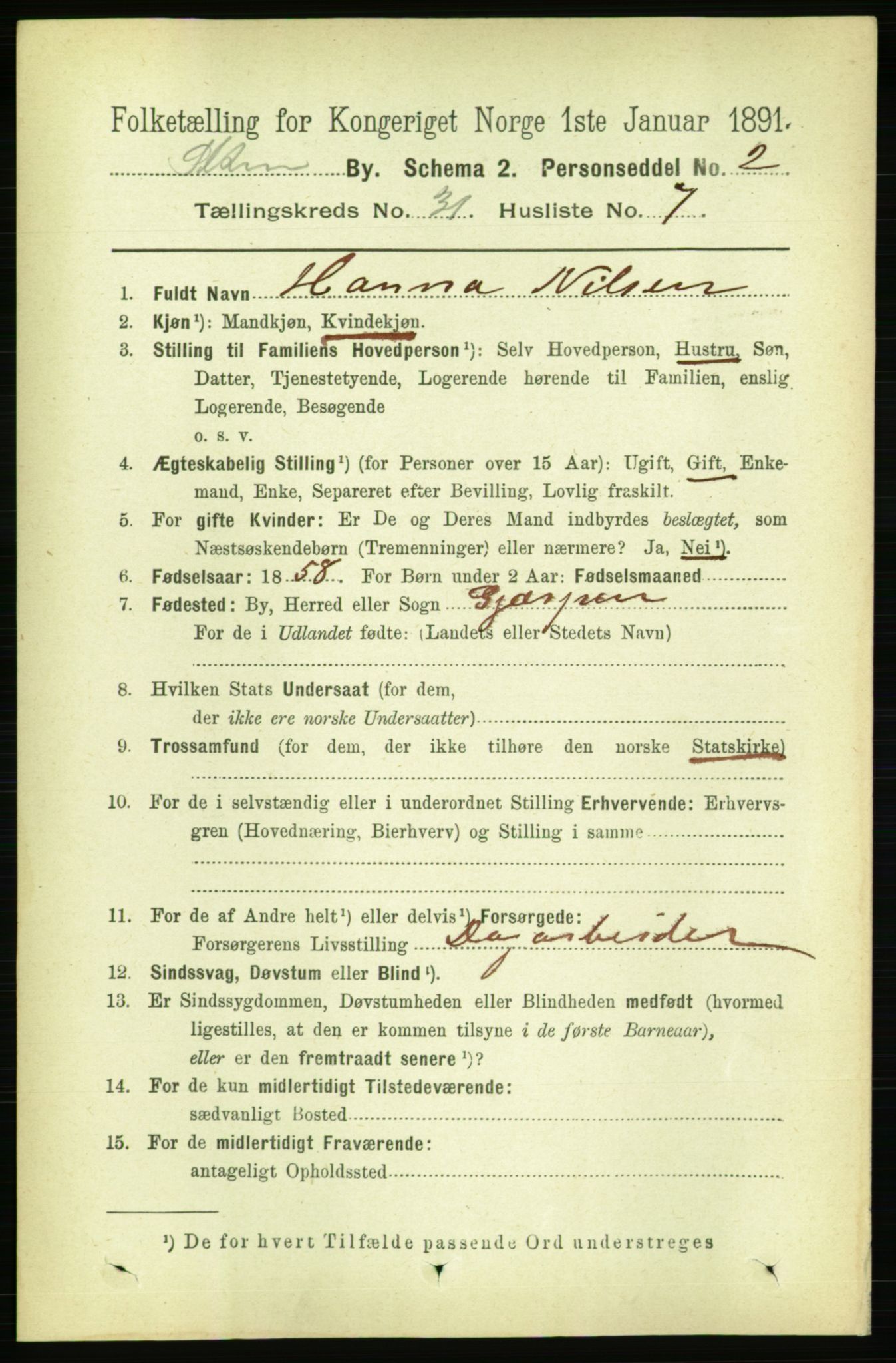 RA, 1891 census for 0806 Skien, 1891, p. 7088