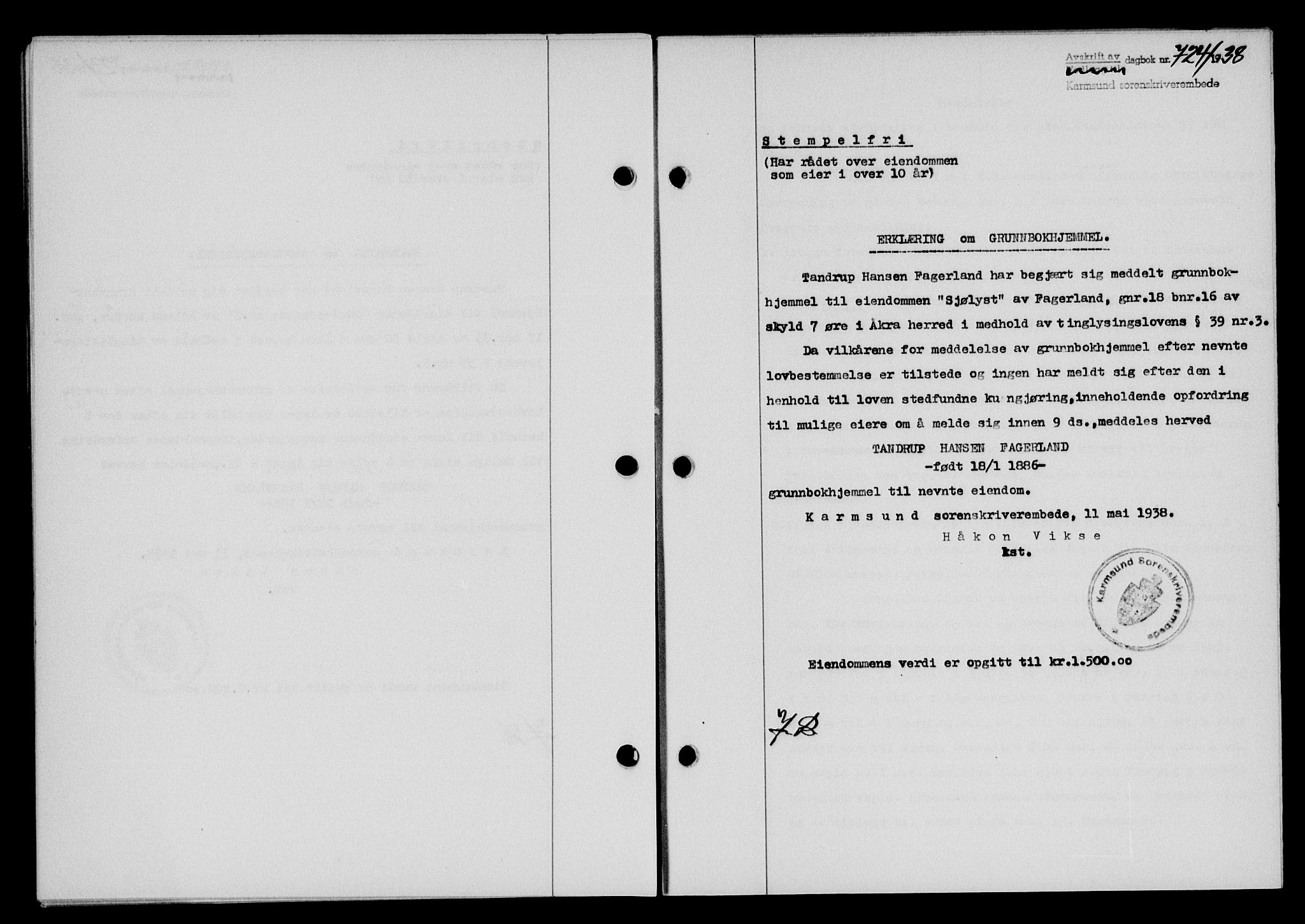 Karmsund sorenskriveri, AV/SAST-A-100311/01/II/IIB/L0069: Mortgage book no. 50A, 1937-1938, Diary no: : 724/1938
