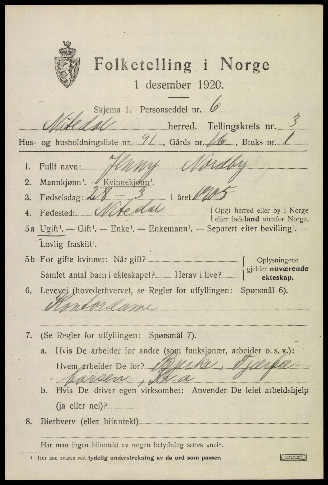 SAO, 1920 census for Nittedal, 1920, p. 4662