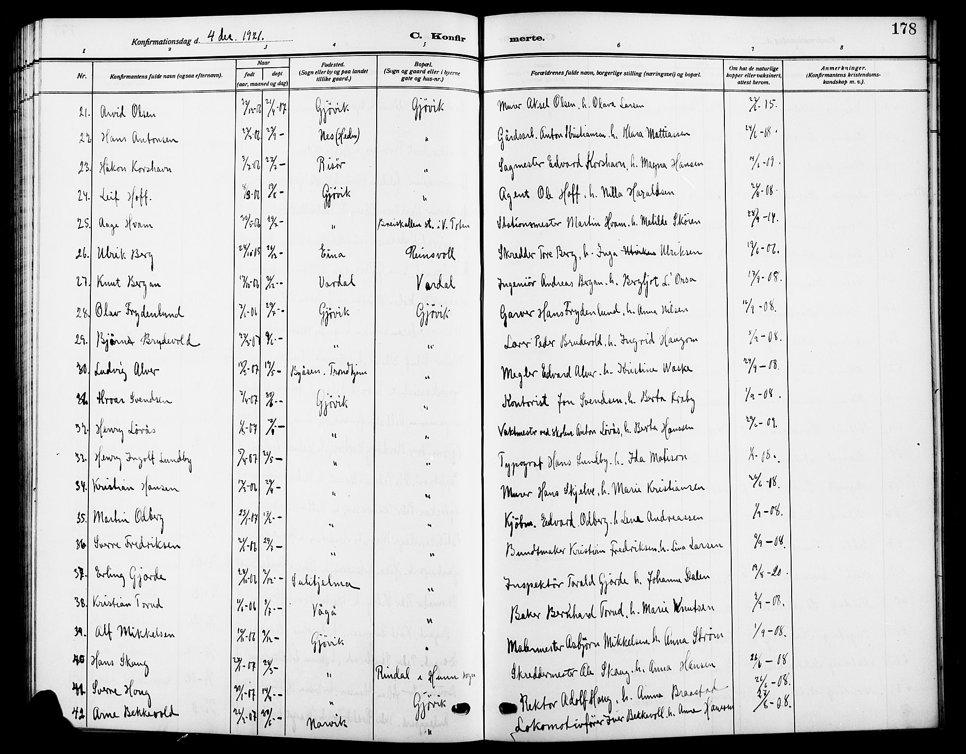 Vardal prestekontor, SAH/PREST-100/H/Ha/Hab/L0014: Parish register (copy) no. 14, 1911-1922, p. 178