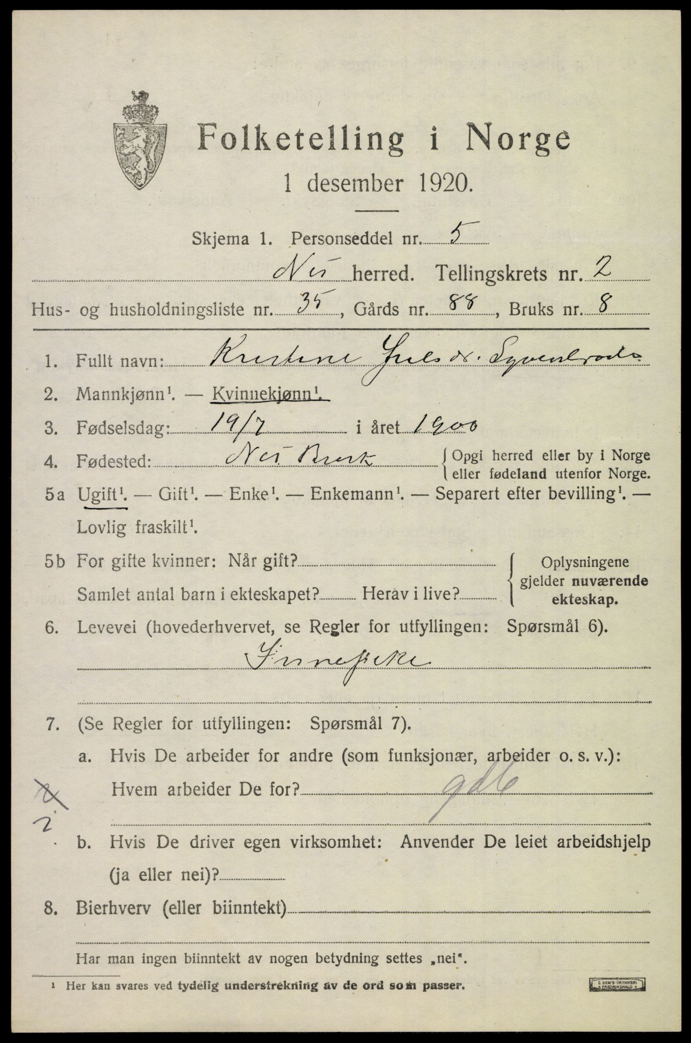 SAKO, 1920 census for Nes (Buskerud), 1920, p. 1624