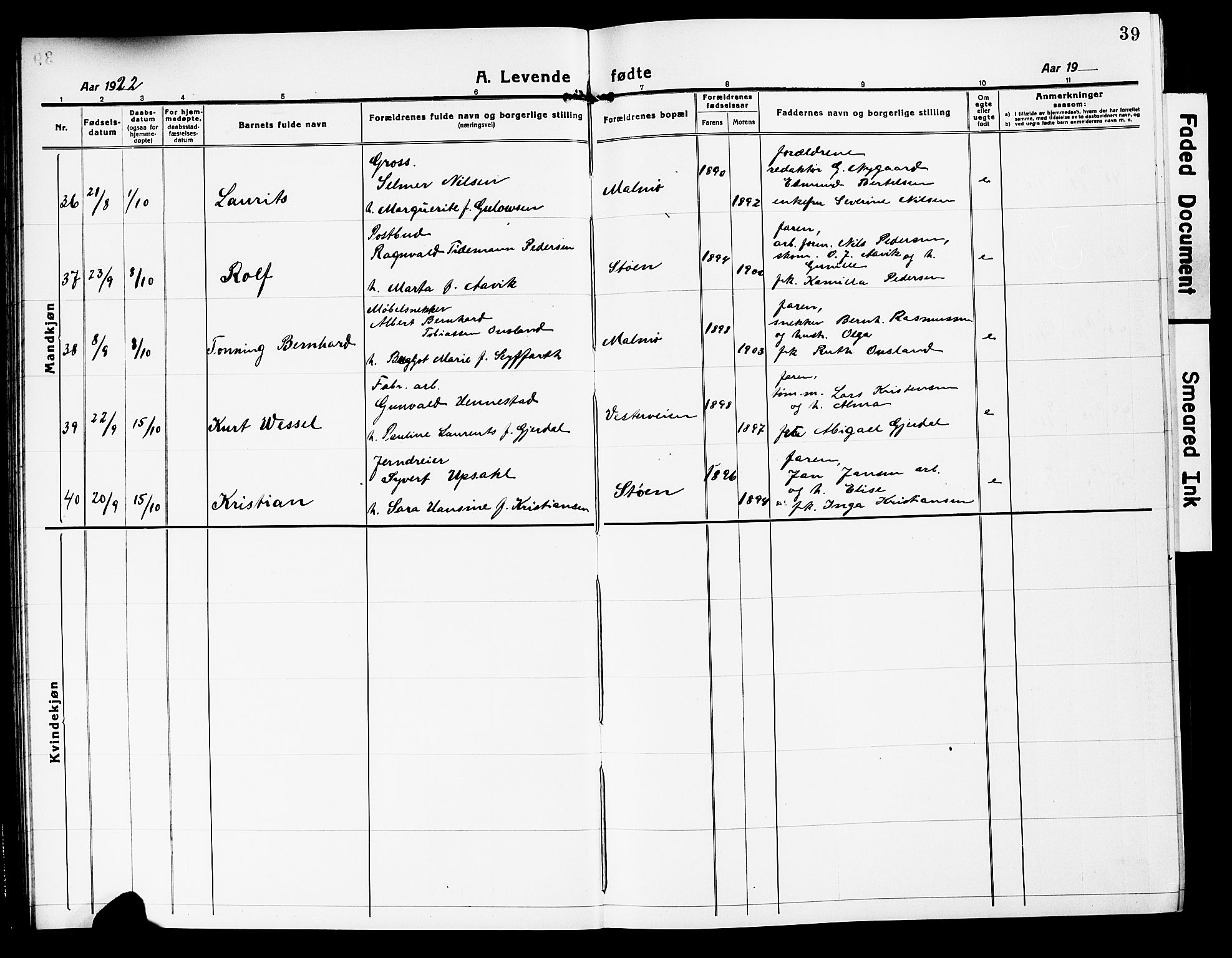 Mandal sokneprestkontor, AV/SAK-1111-0030/F/Fb/Fbc/L0001: Parish register (copy) no. B 1, 1918-1931, p. 39