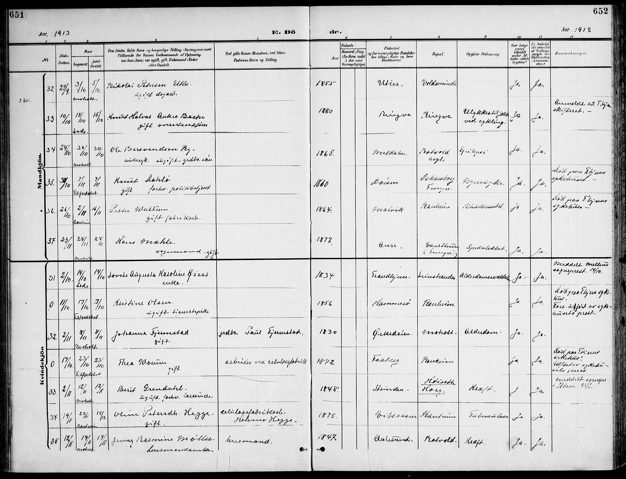 Ministerialprotokoller, klokkerbøker og fødselsregistre - Sør-Trøndelag, AV/SAT-A-1456/607/L0320: Parish register (official) no. 607A04, 1907-1915, p. 651-652