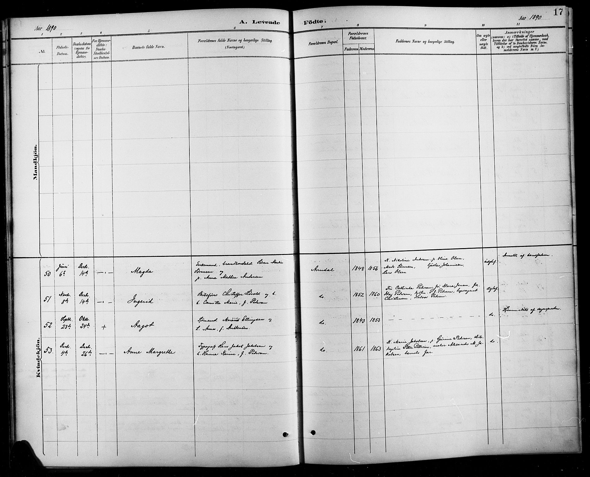 Arendal sokneprestkontor, Trefoldighet, AV/SAK-1111-0040/F/Fb/L0006: Parish register (copy) no. B 6, 1889-1916, p. 17