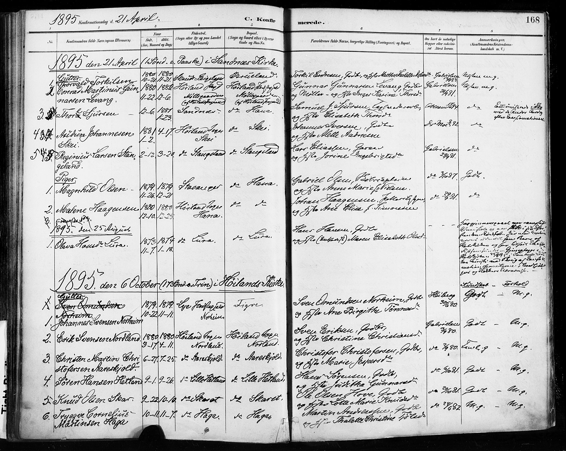 Høyland sokneprestkontor, AV/SAST-A-101799/001/30BA/L0013: Parish register (official) no. A 13.1, 1889-1898, p. 168