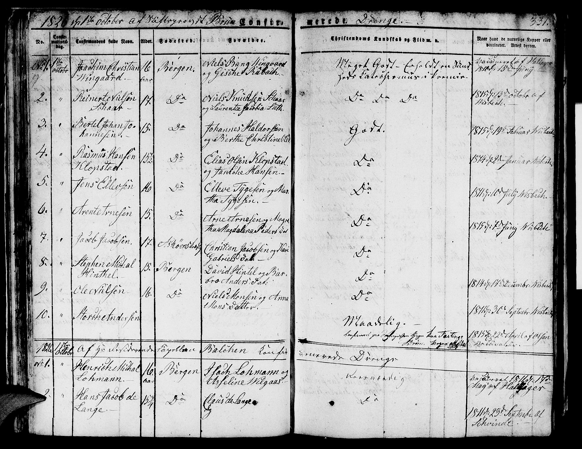 Domkirken sokneprestembete, SAB/A-74801/H/Hab/L0002: Parish register (copy) no. A 2, 1821-1839, p. 332
