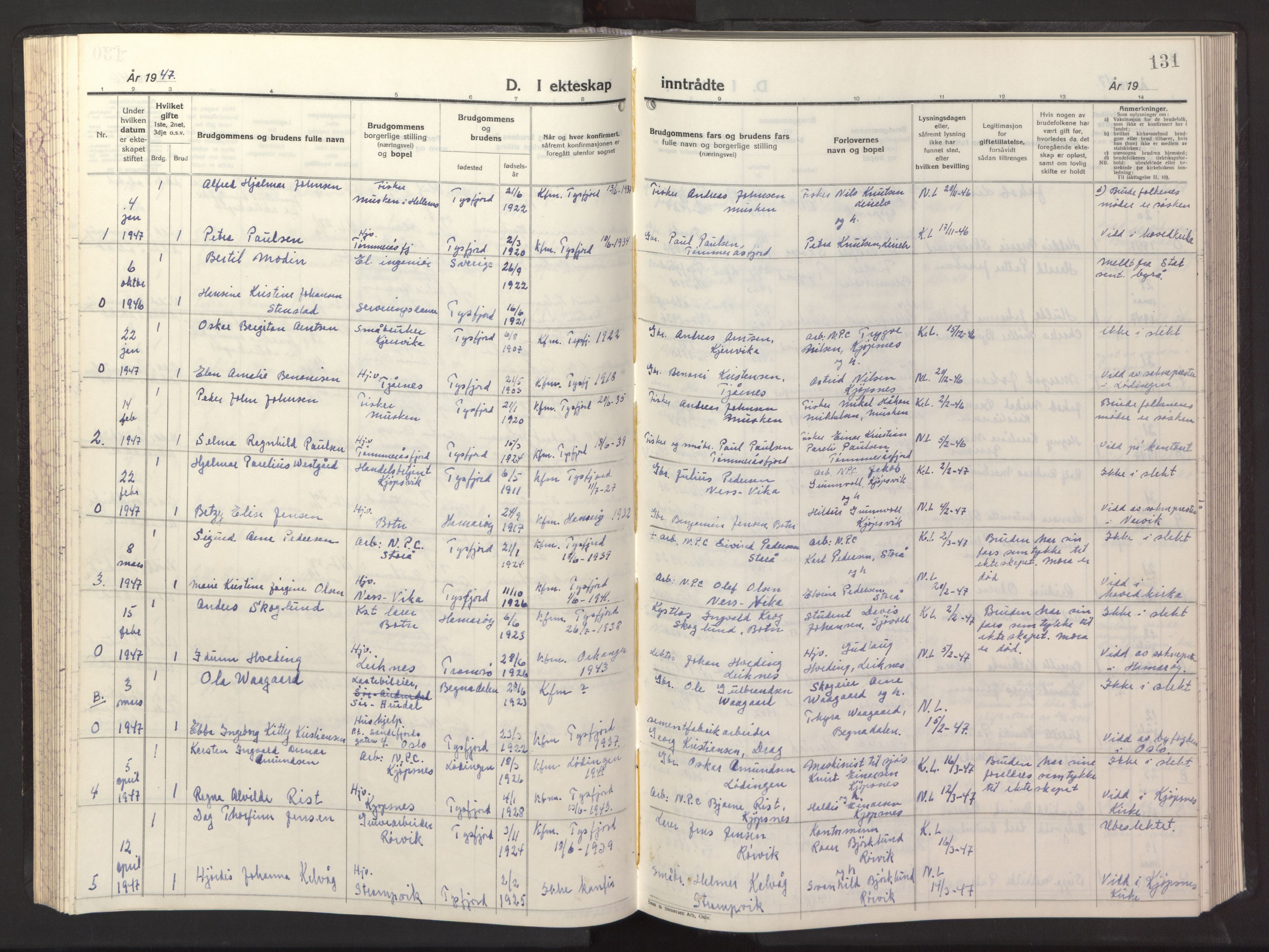 Ministerialprotokoller, klokkerbøker og fødselsregistre - Nordland, AV/SAT-A-1459/861/L0882: Parish register (copy) no. 861C08, 1945-1950, p. 131