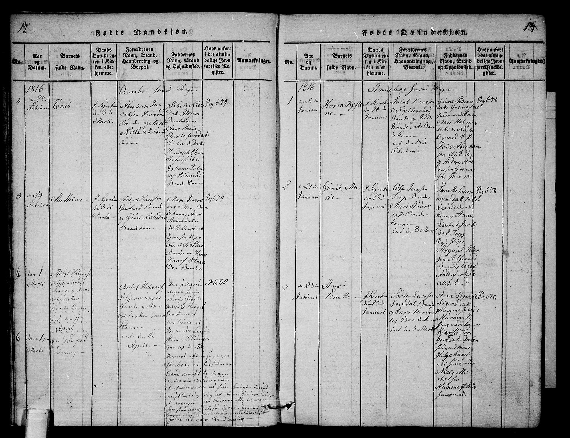 Andebu kirkebøker, AV/SAKO-A-336/G/Ga/L0001: Parish register (copy) no. I 1 /1, 1815-1823, p. 12-13