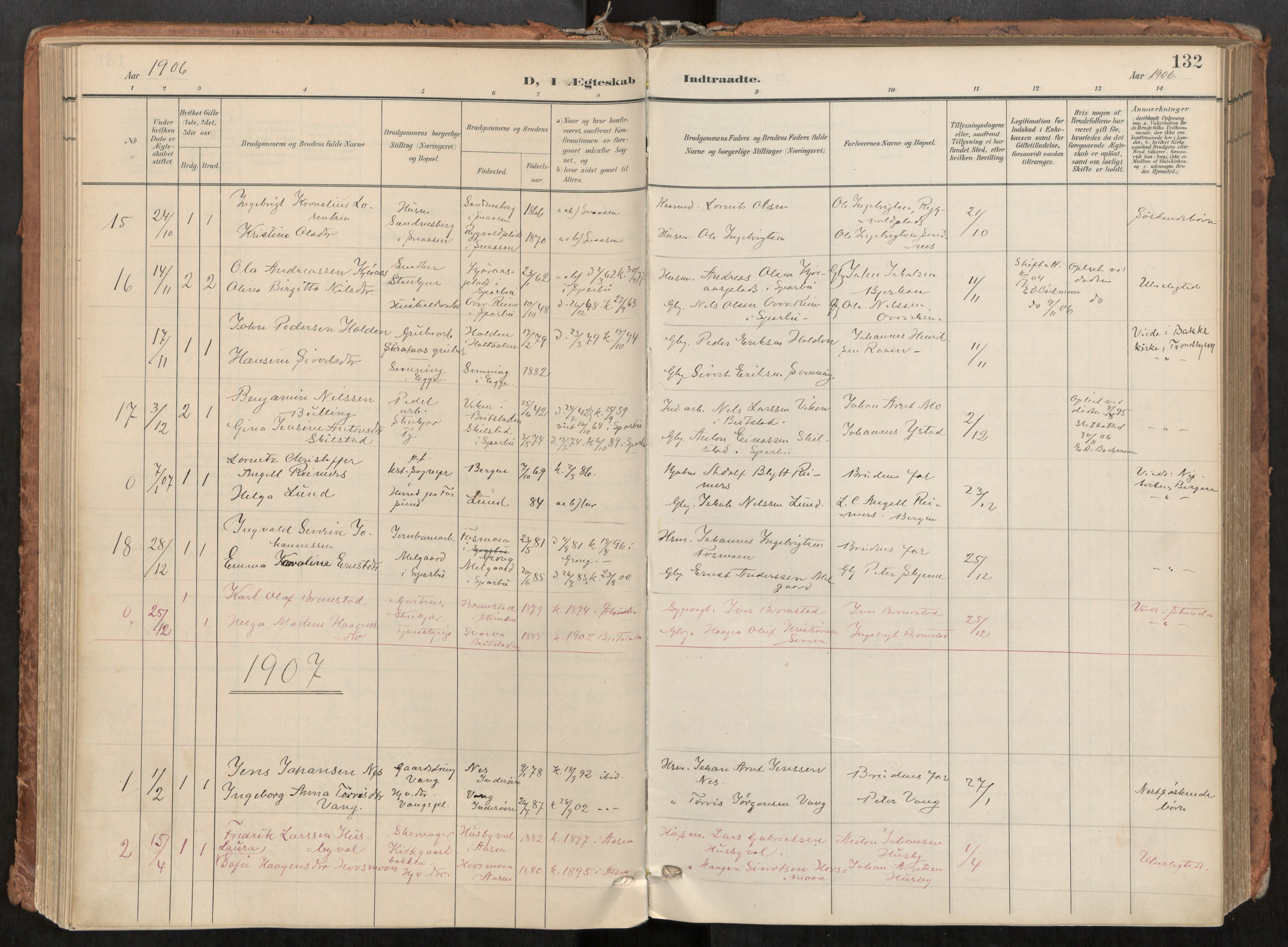 Steinkjer sokneprestkontor, SAT/A-1541/01/H/Ha/Haa/L0001: Parish register (official) no. 1, 1904-1912, p. 132