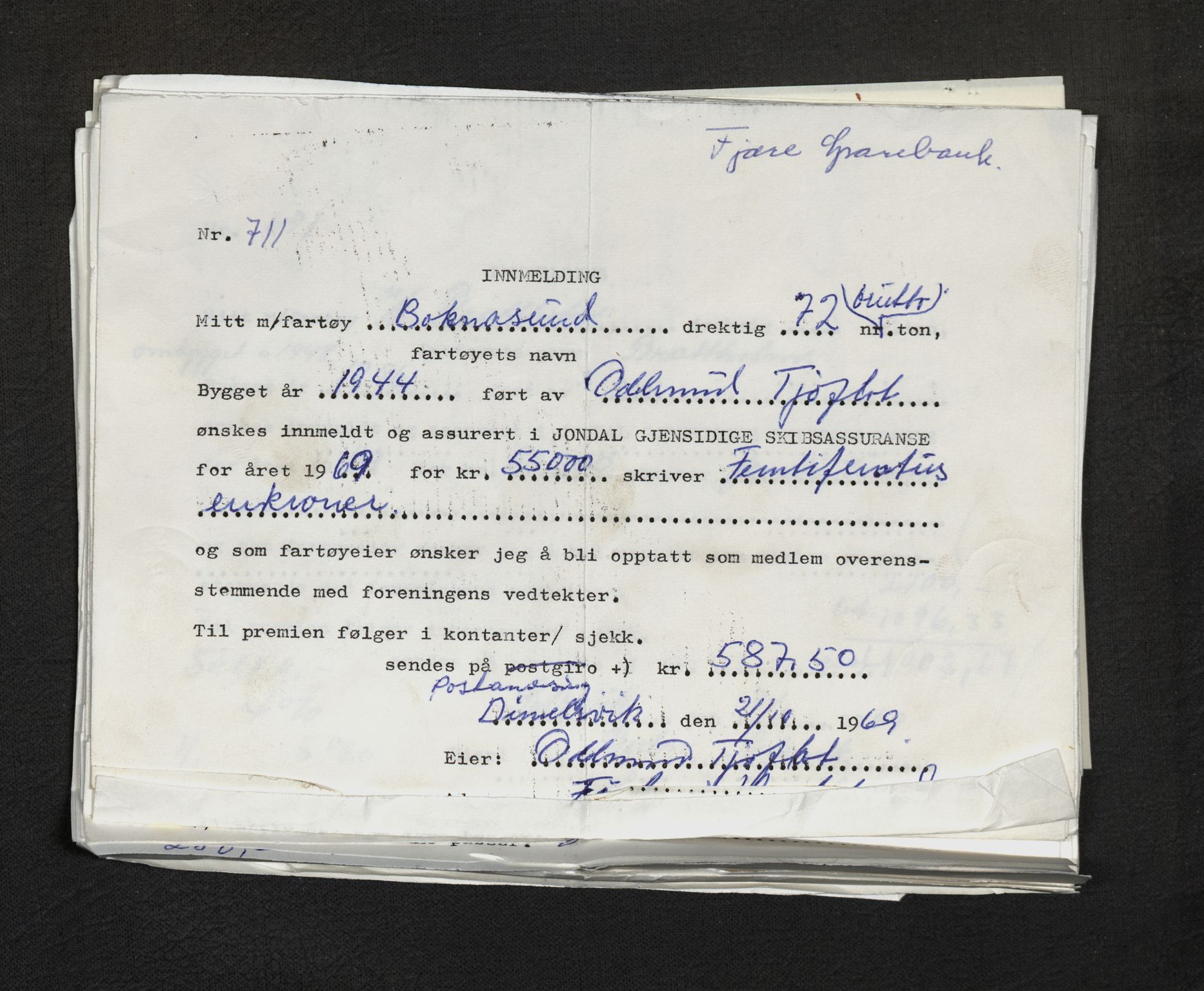 Jondal Skipsassuranseforening, AV/SAB-SAB/PA-0276/E/L0130: Korrespondanse , 1969