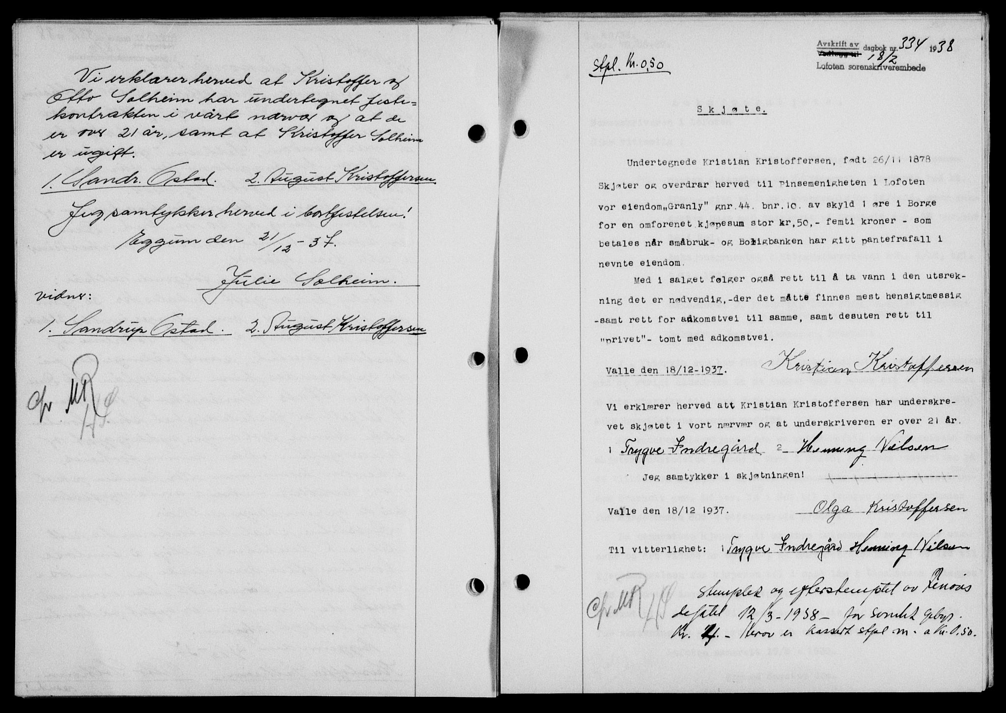 Lofoten sorenskriveri, SAT/A-0017/1/2/2C/L0003a: Mortgage book no. 3a, 1937-1938, Diary no: : 334/1938