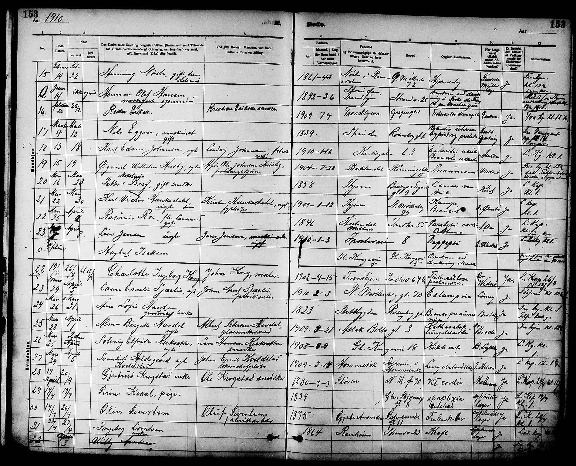 Ministerialprotokoller, klokkerbøker og fødselsregistre - Sør-Trøndelag, SAT/A-1456/605/L0255: Parish register (copy) no. 605C02, 1908-1918, p. 153