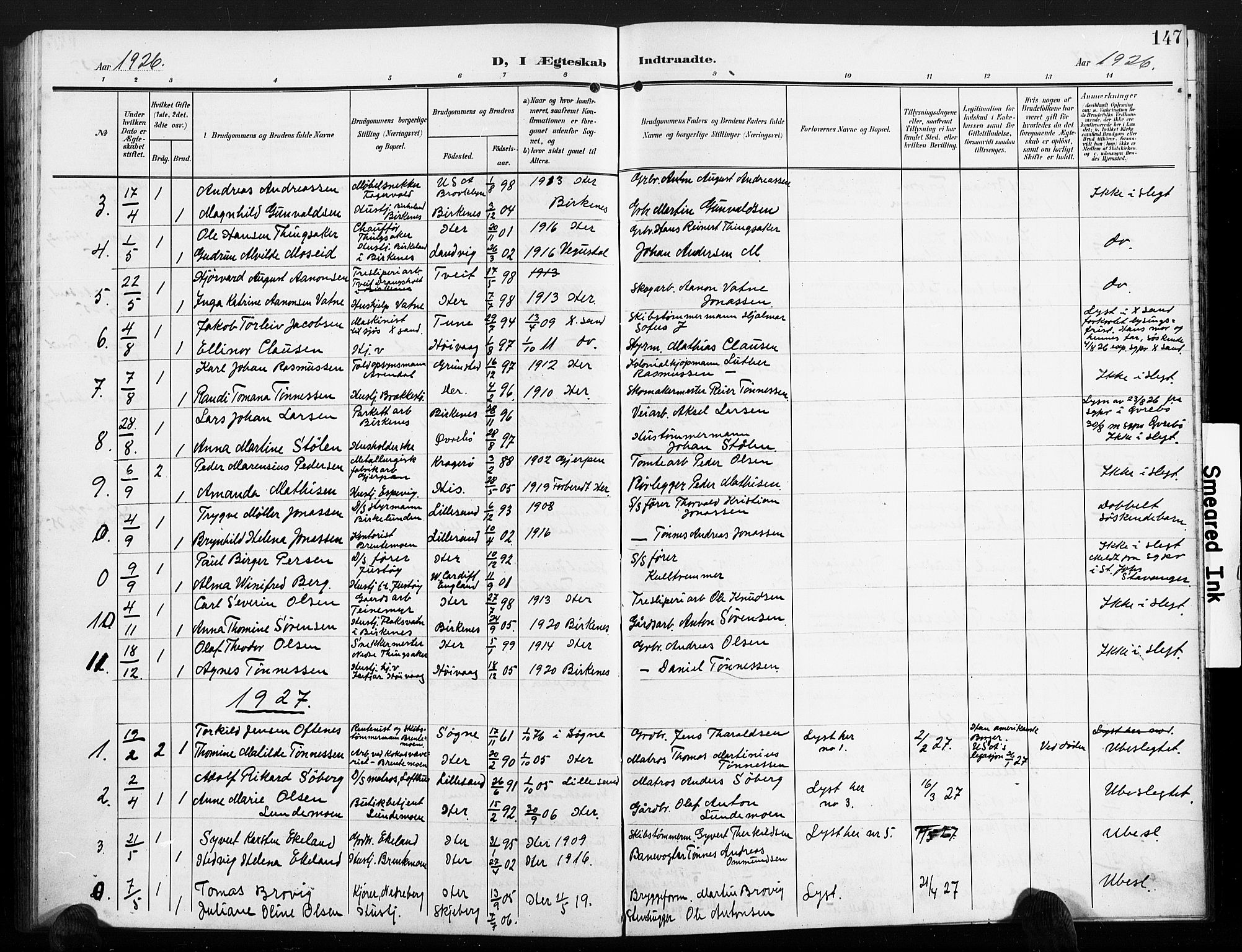 Vestre Moland sokneprestkontor, SAK/1111-0046/F/Fb/Fbb/L0007: Parish register (copy) no. B 7, 1906-1929, p. 147