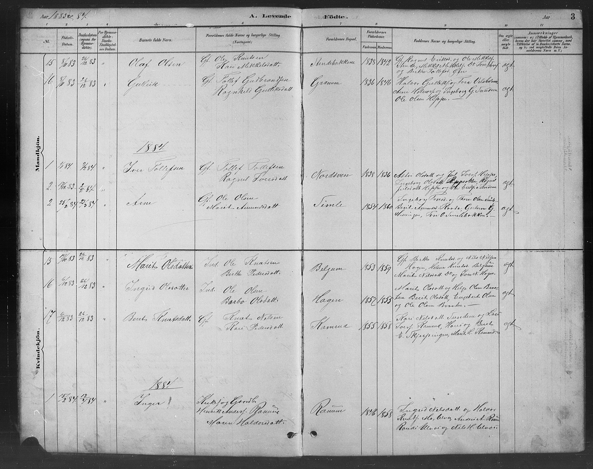 Nord-Aurdal prestekontor, SAH/PREST-132/H/Ha/Hab/L0008: Parish register (copy) no. 8, 1883-1916, p. 3