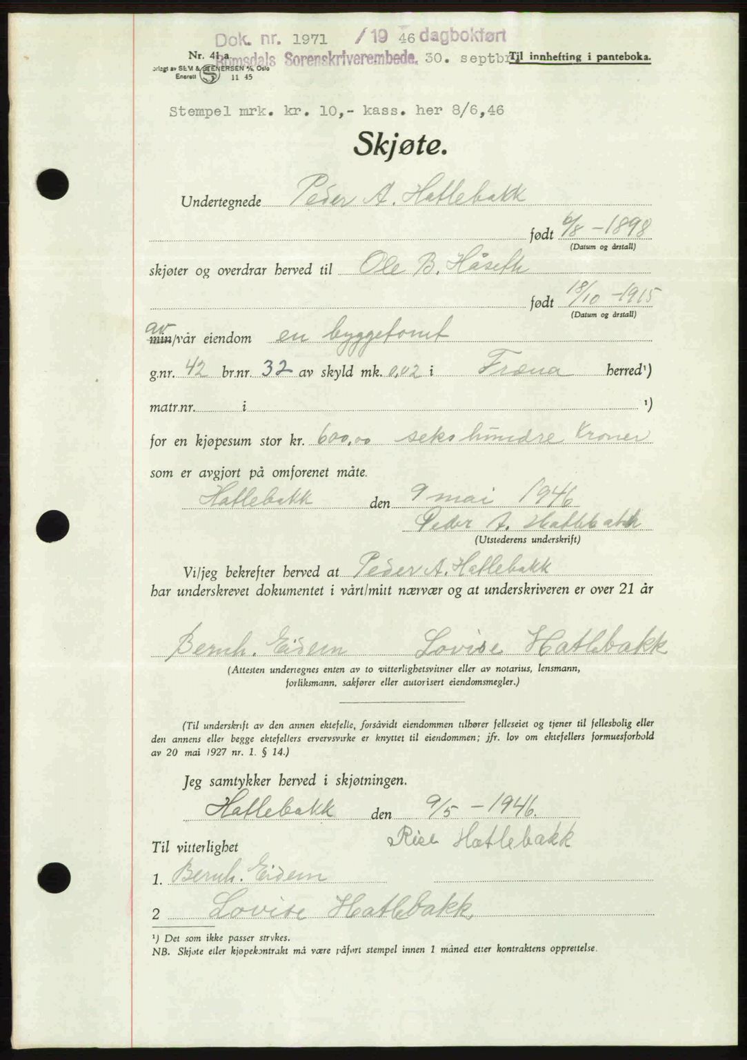 Romsdal sorenskriveri, AV/SAT-A-4149/1/2/2C: Mortgage book no. A21, 1946-1946, Diary no: : 1971/1946