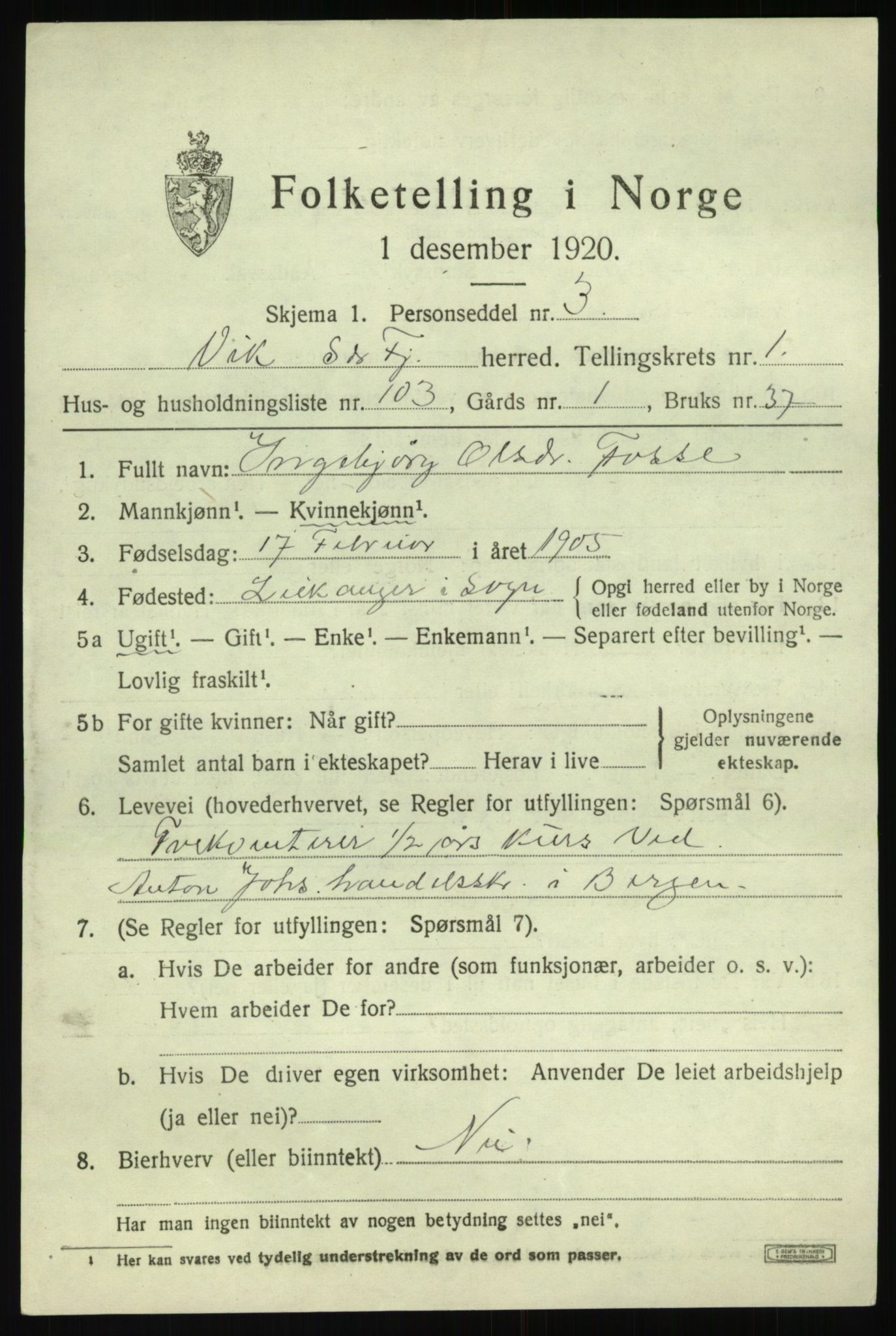 SAB, 1920 census for Vik, 1920, p. 2093