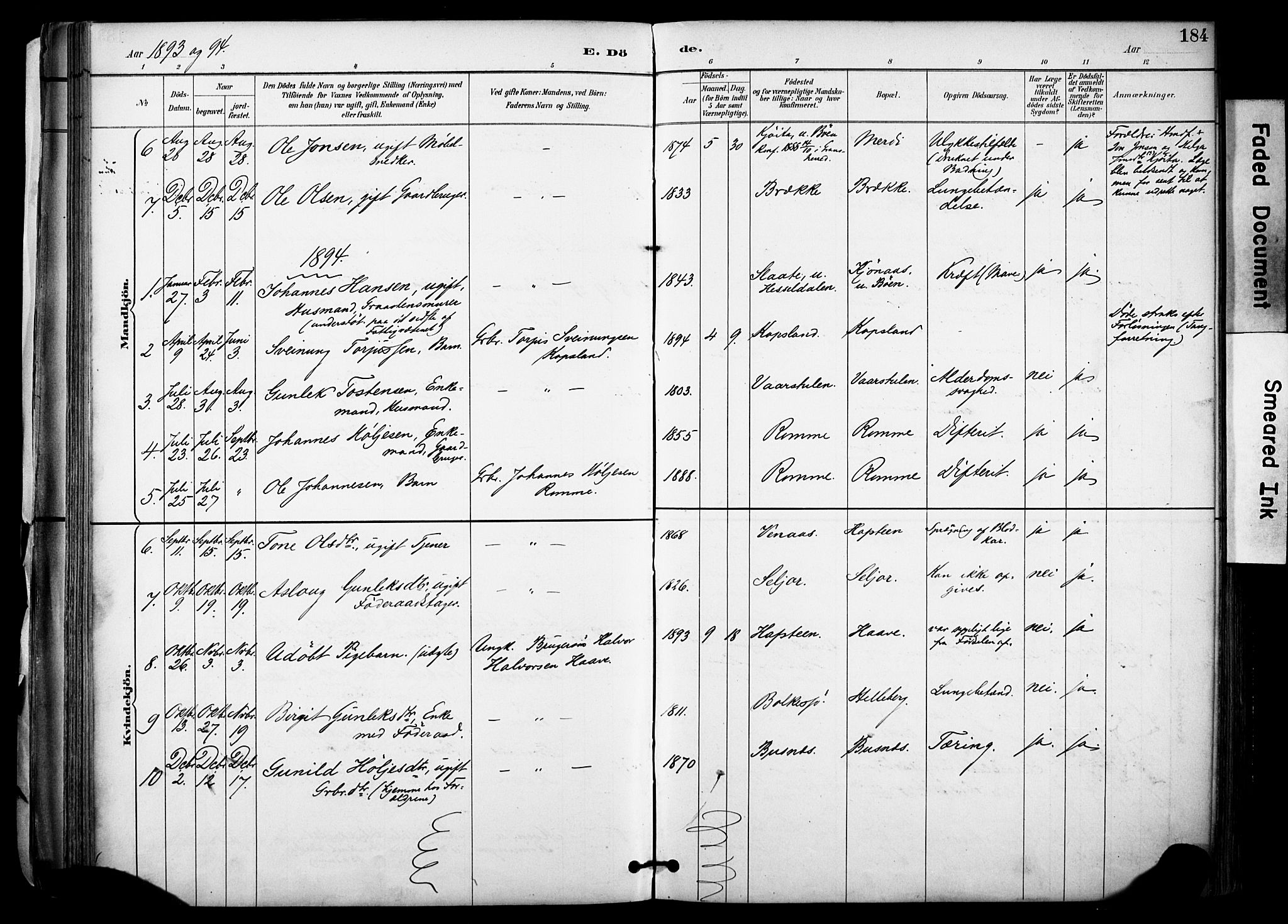 Gransherad kirkebøker, SAKO/A-267/F/Fa/L0005: Parish register (official) no. I 5, 1887-1916, p. 184