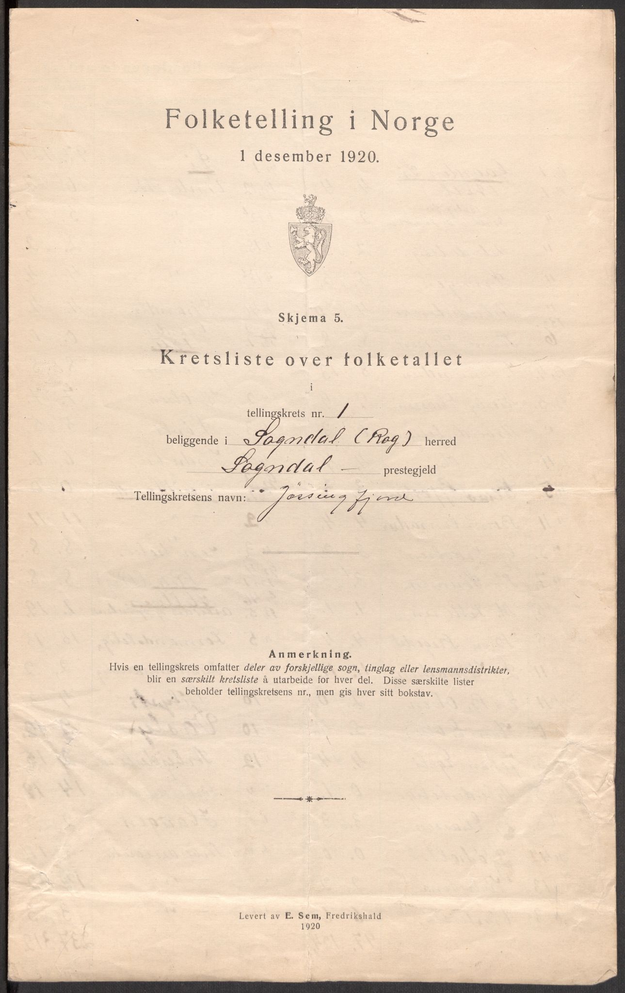 SAST, 1920 census for Sokndal, 1920, p. 18