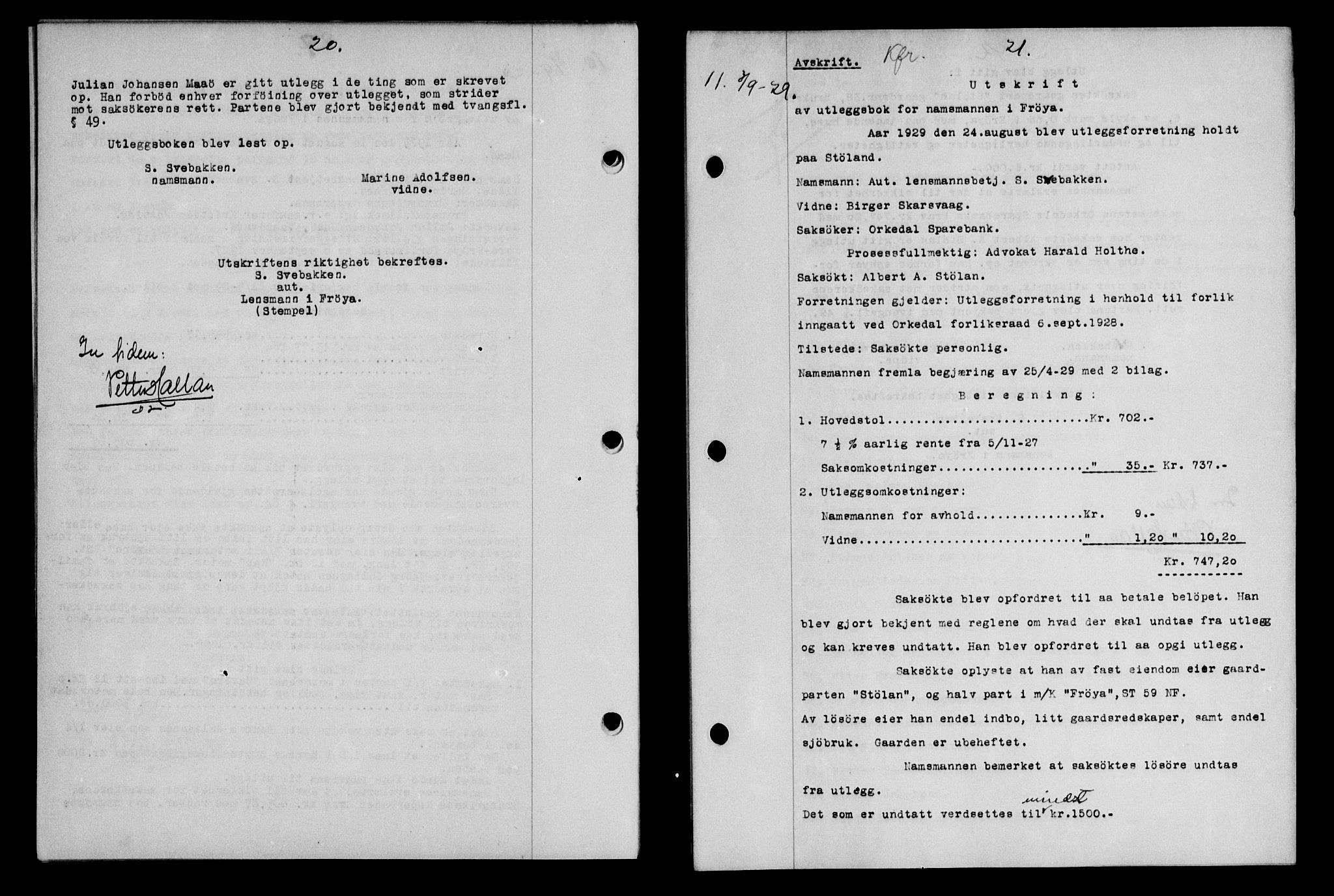 Hitra sorenskriveri, AV/SAT-A-0018/2/2C/2Ca/L0013: Mortgage book no. 13, 1929-1929, p. 20-21