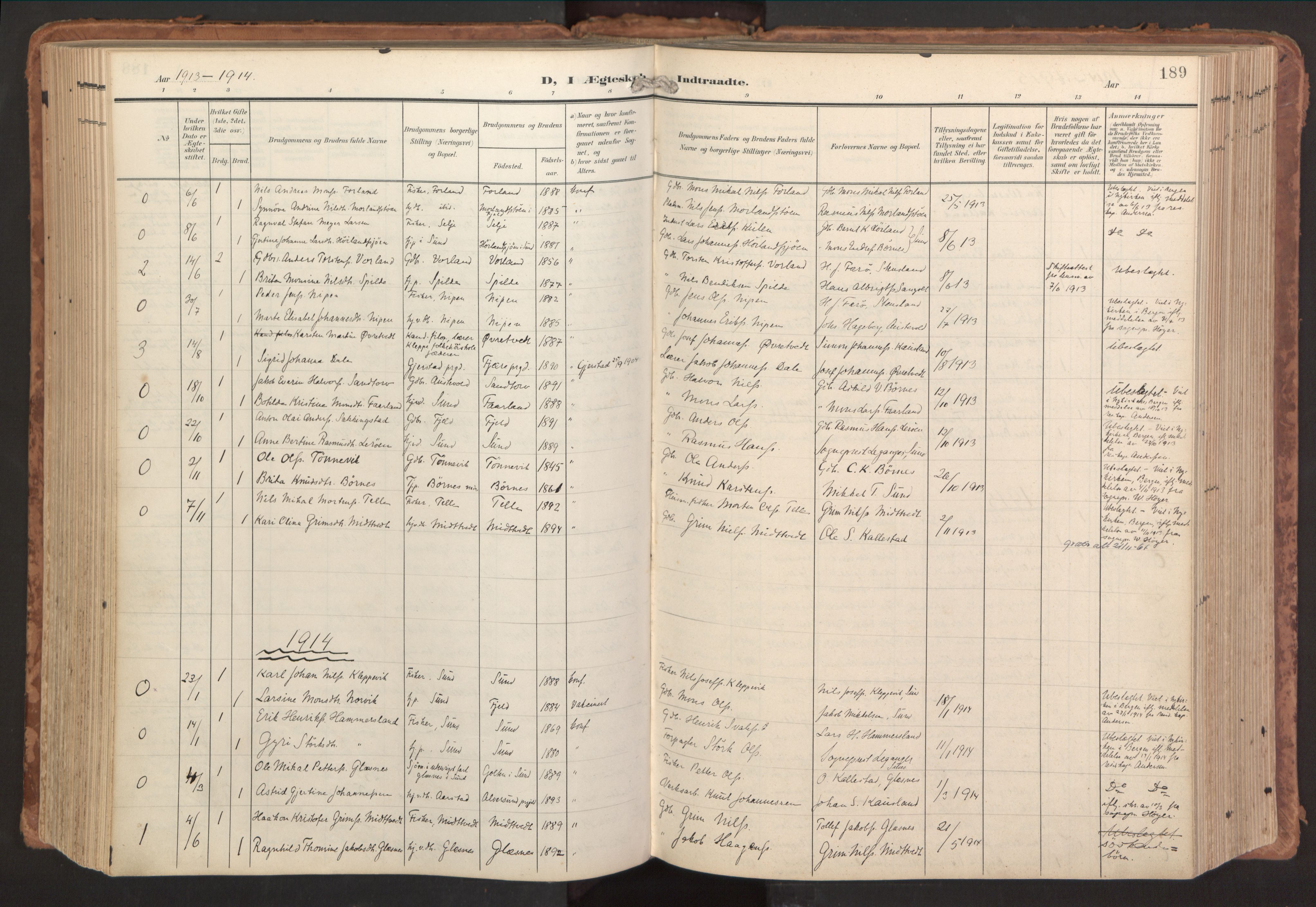 Sund sokneprestembete, SAB/A-99930: Parish register (official) no. B 2, 1907-1926, p. 189
